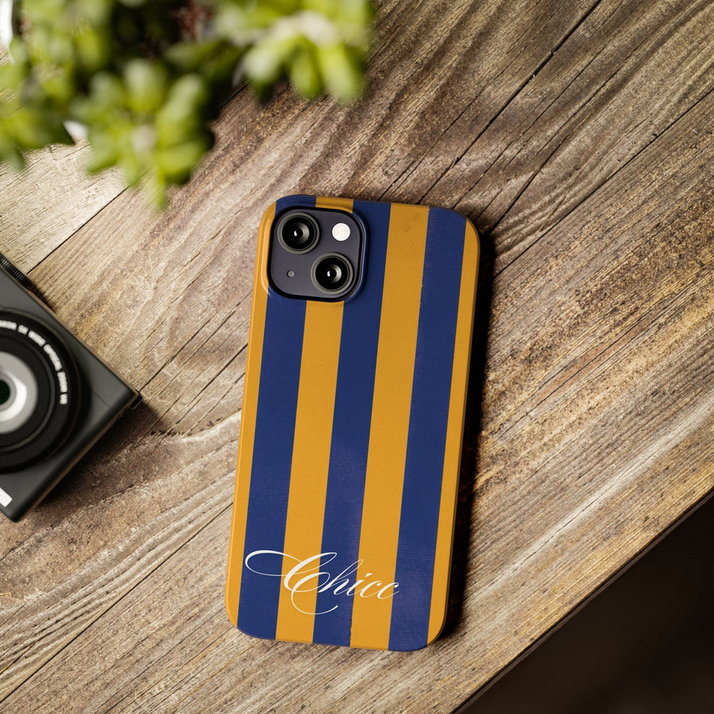 Striped Navy & Gold Slim Phone Case — "Chicc" Script Accent