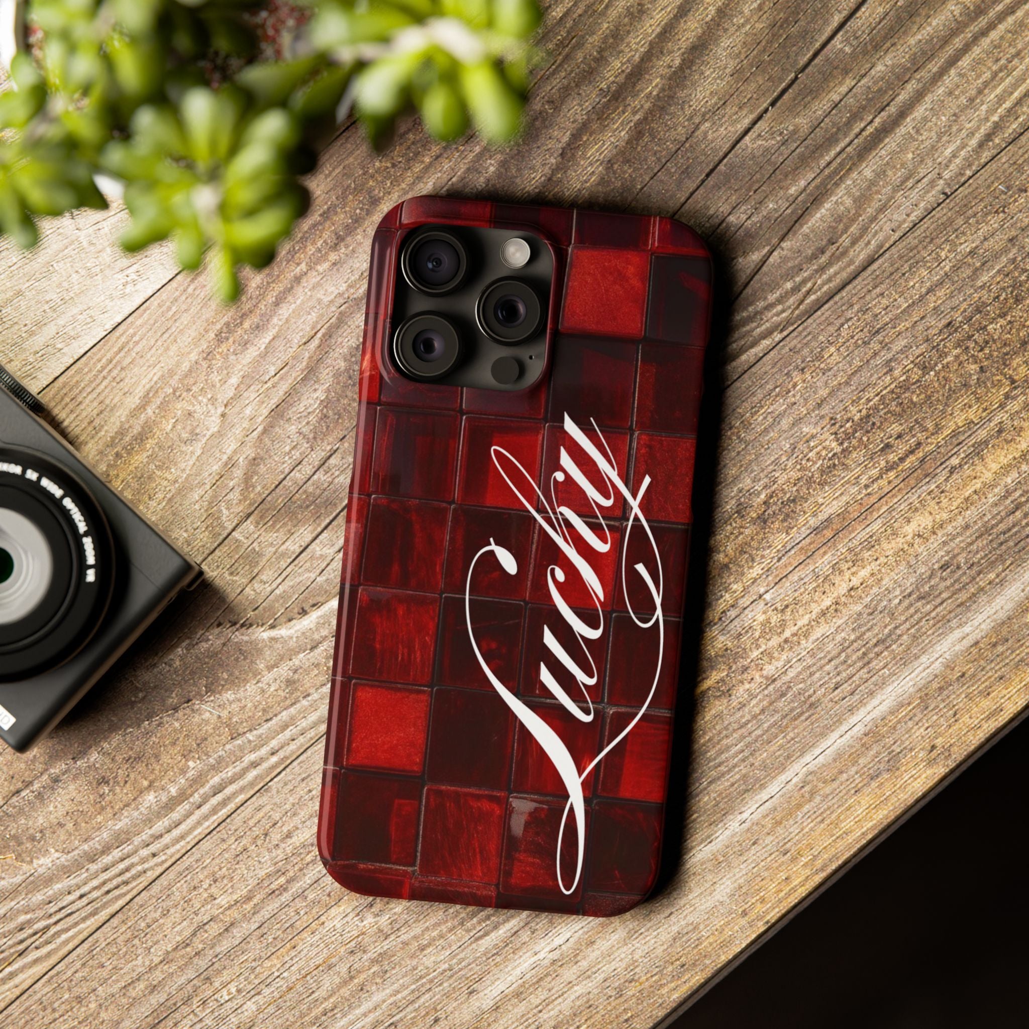 Red Mosaic 'Lucky' Slim Phone Case — Stylish Script Protective Cover