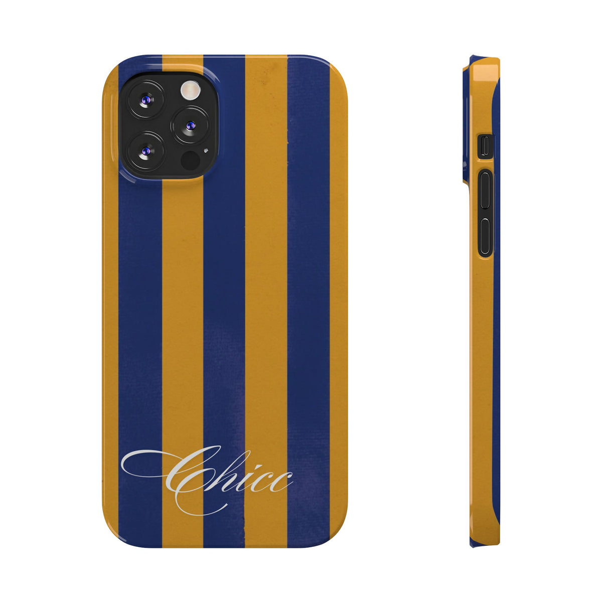 Striped Navy & Gold Slim Phone Case — "Chicc" Script Accent