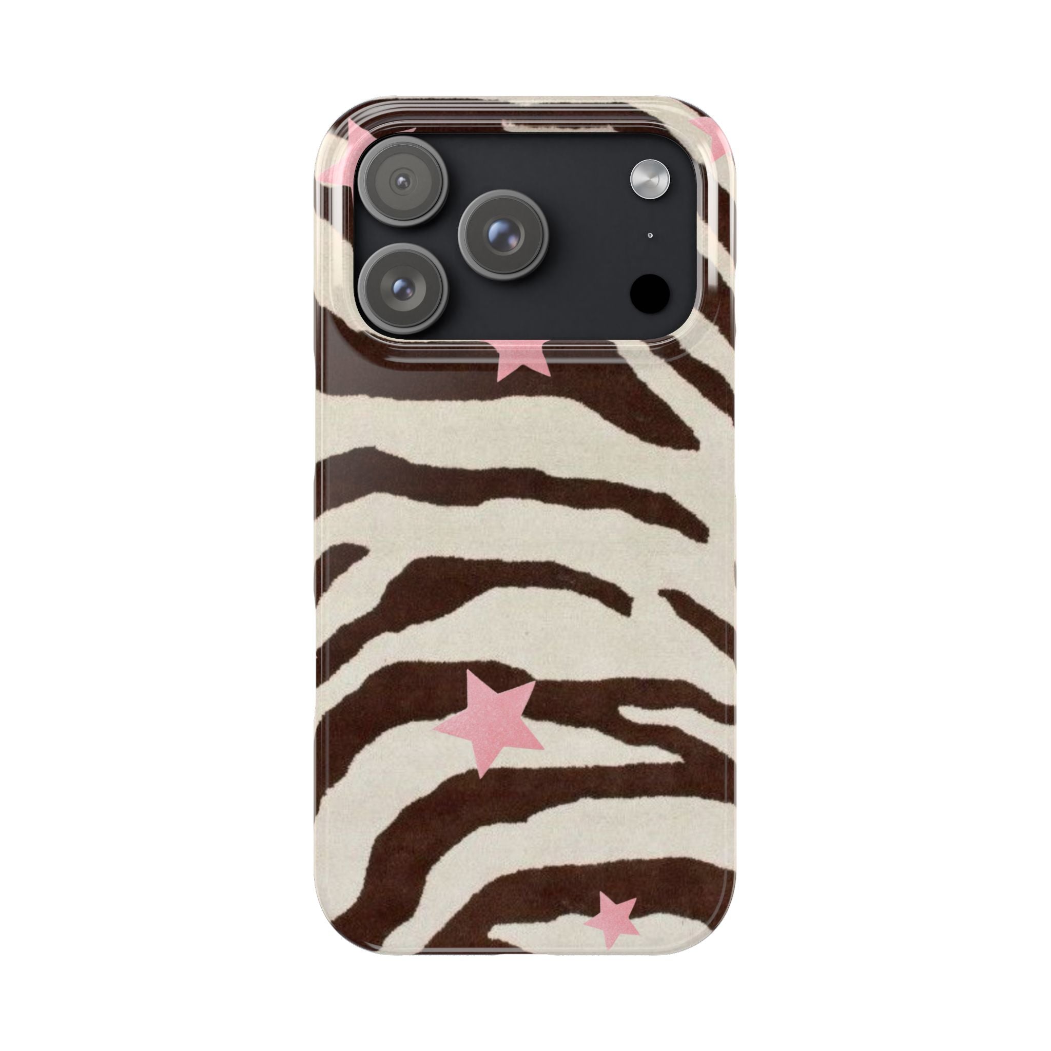 Zebra Stripe Slim Phone Case with Pink Stars – Trendy Animal Print Protector