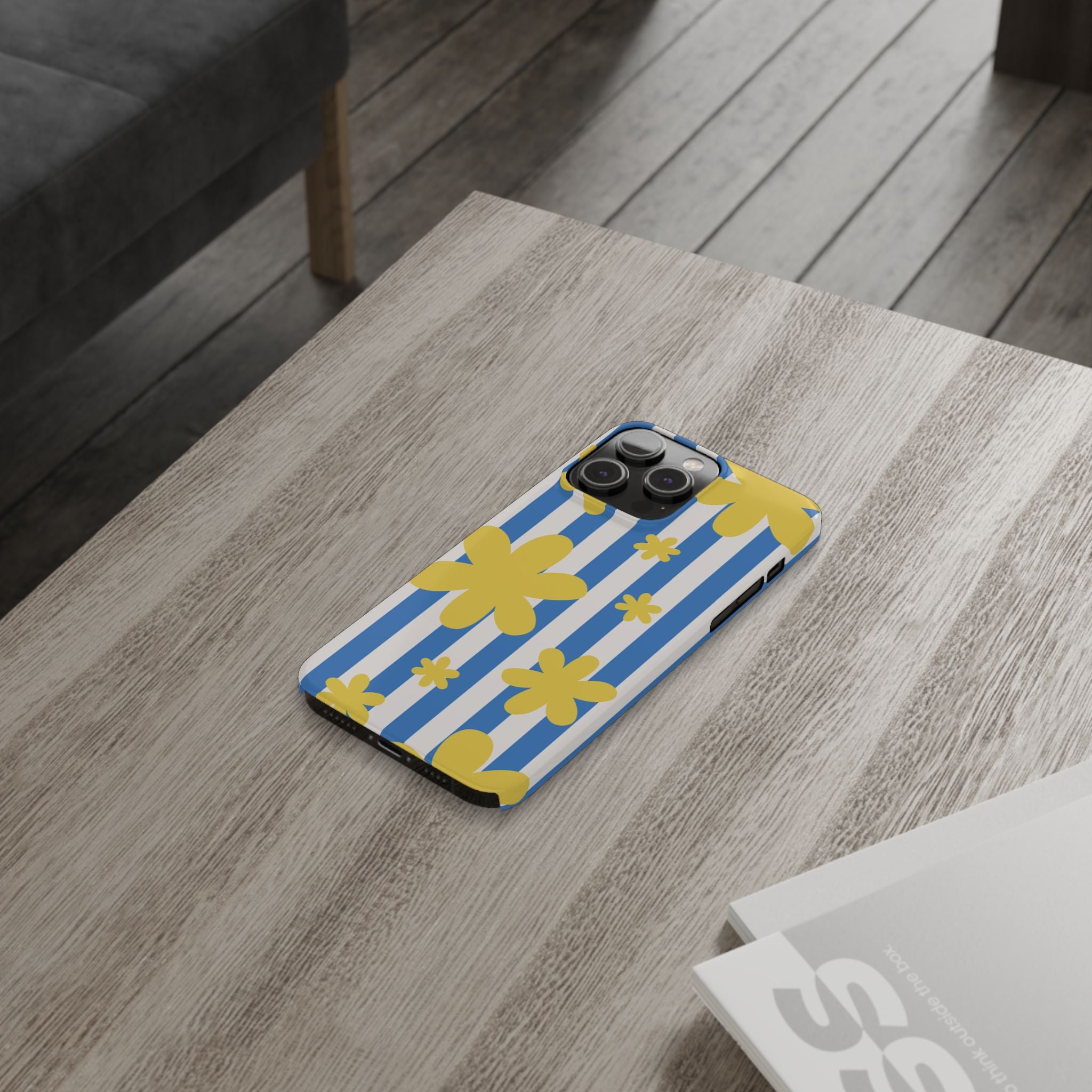 Retro Blue Stripes with Yellow Flower Pattern
