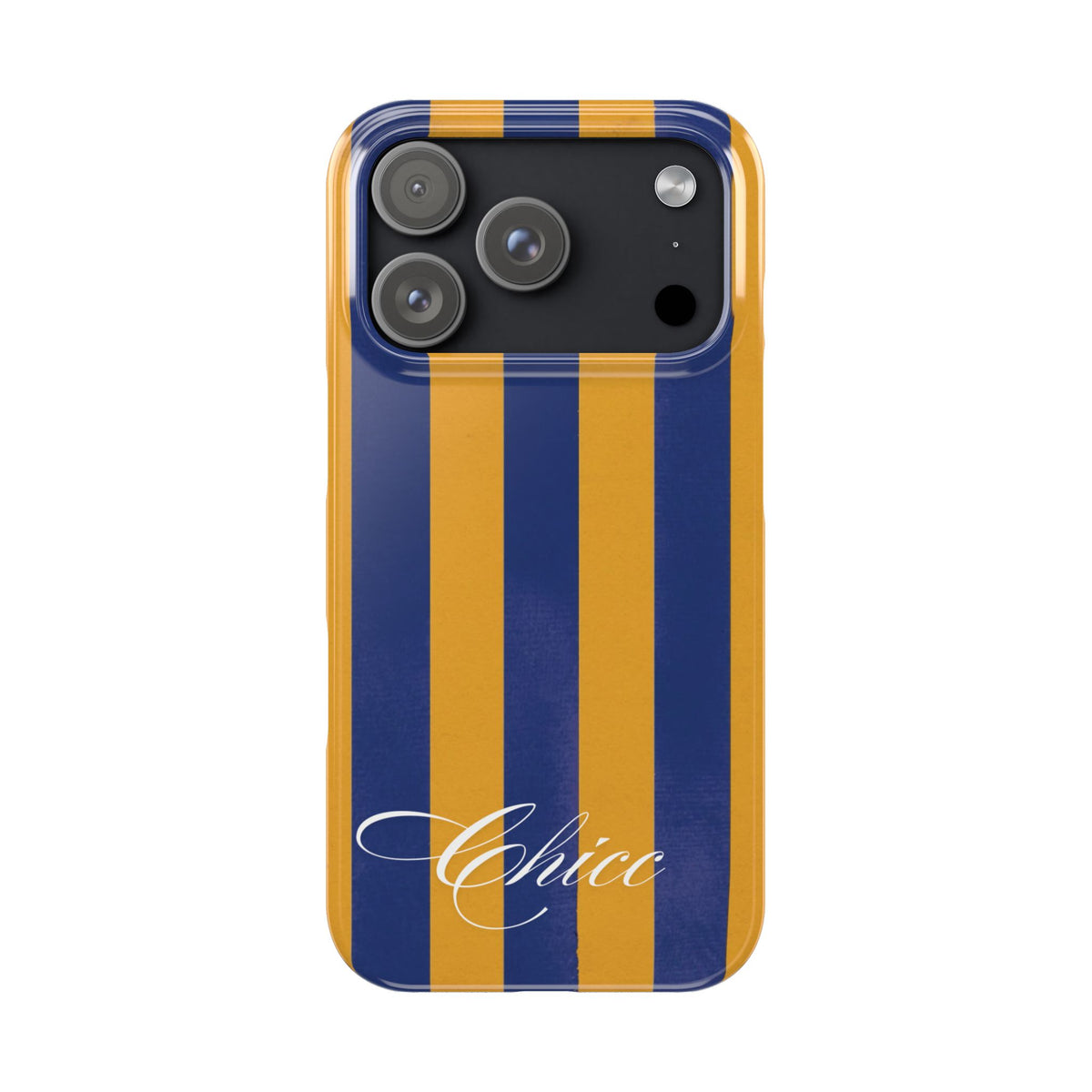 Striped Navy & Gold Slim Phone Case — "Chicc" Script Accent