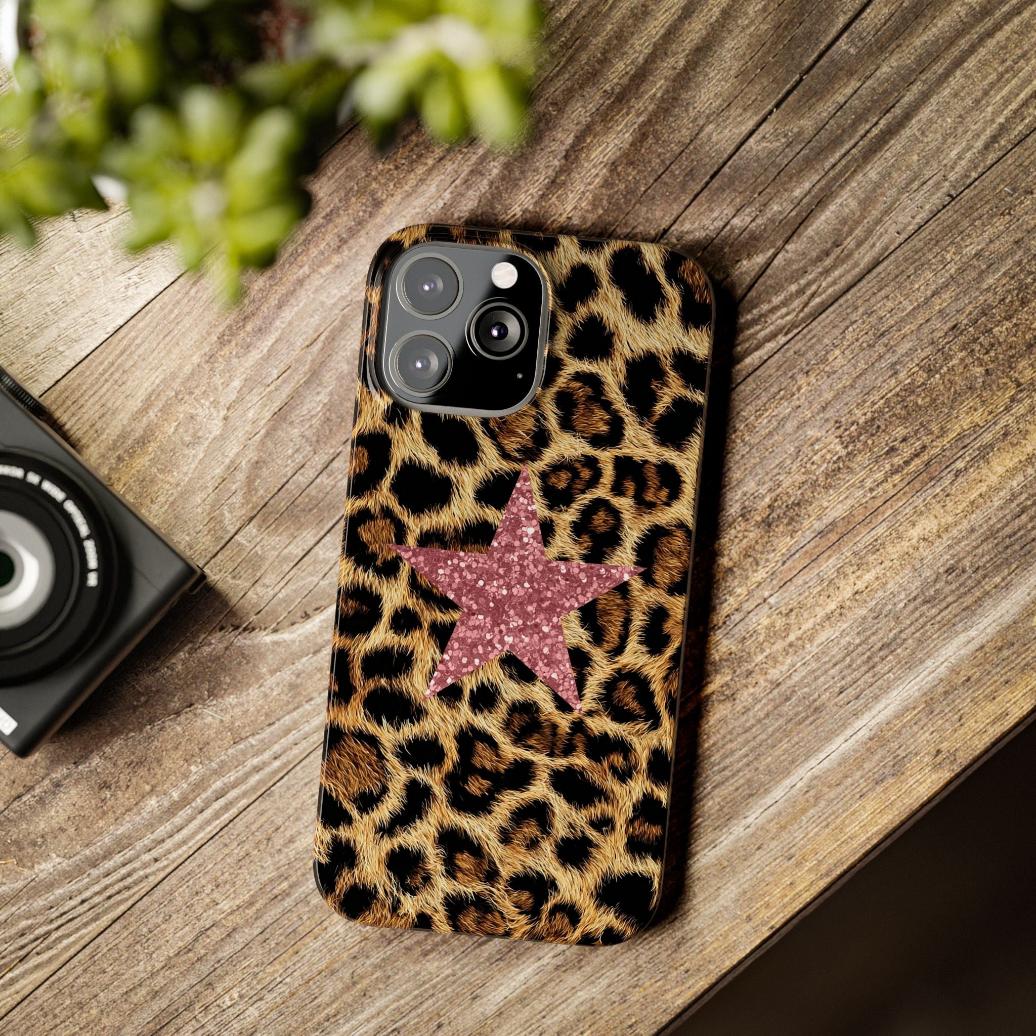 Leopard Print Slim Phone Case with Pink Glitter Star — Chic Animal Print Protective Cover
