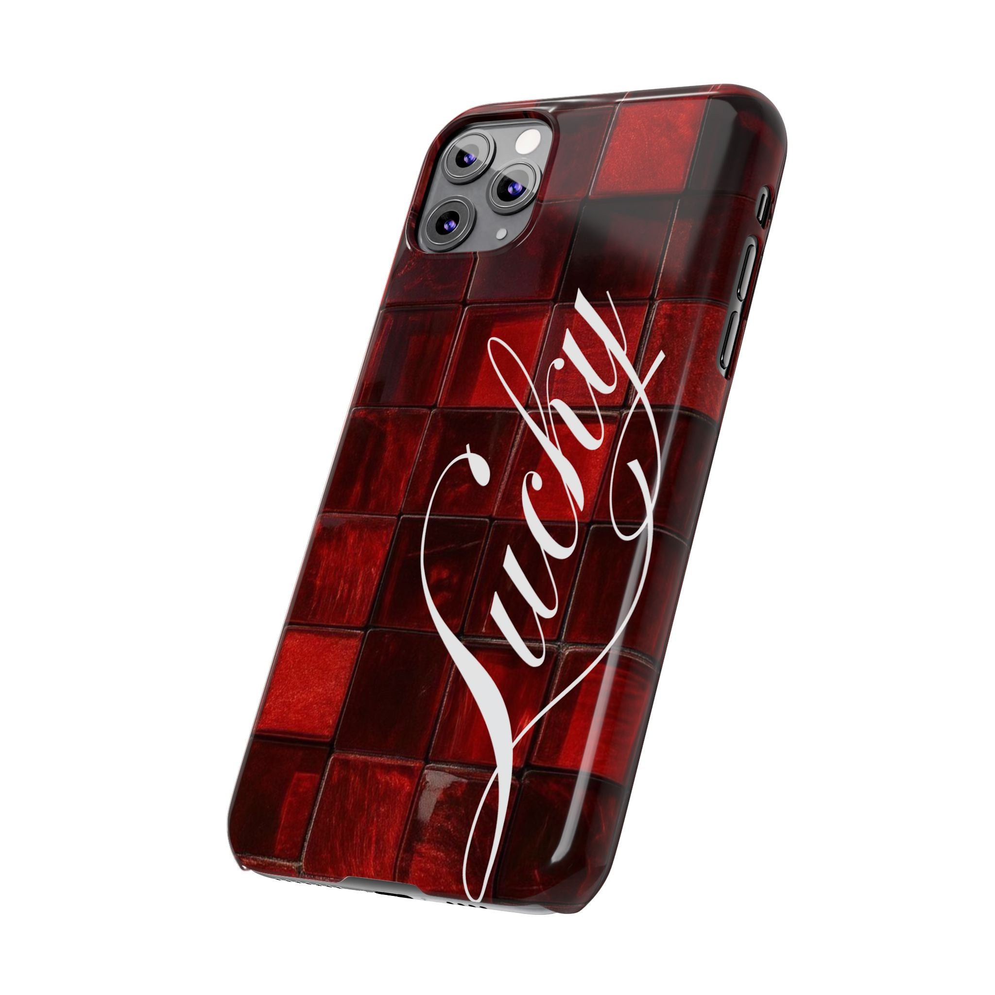 Red Mosaic 'Lucky' Slim Phone Case — Stylish Script Protective Cover
