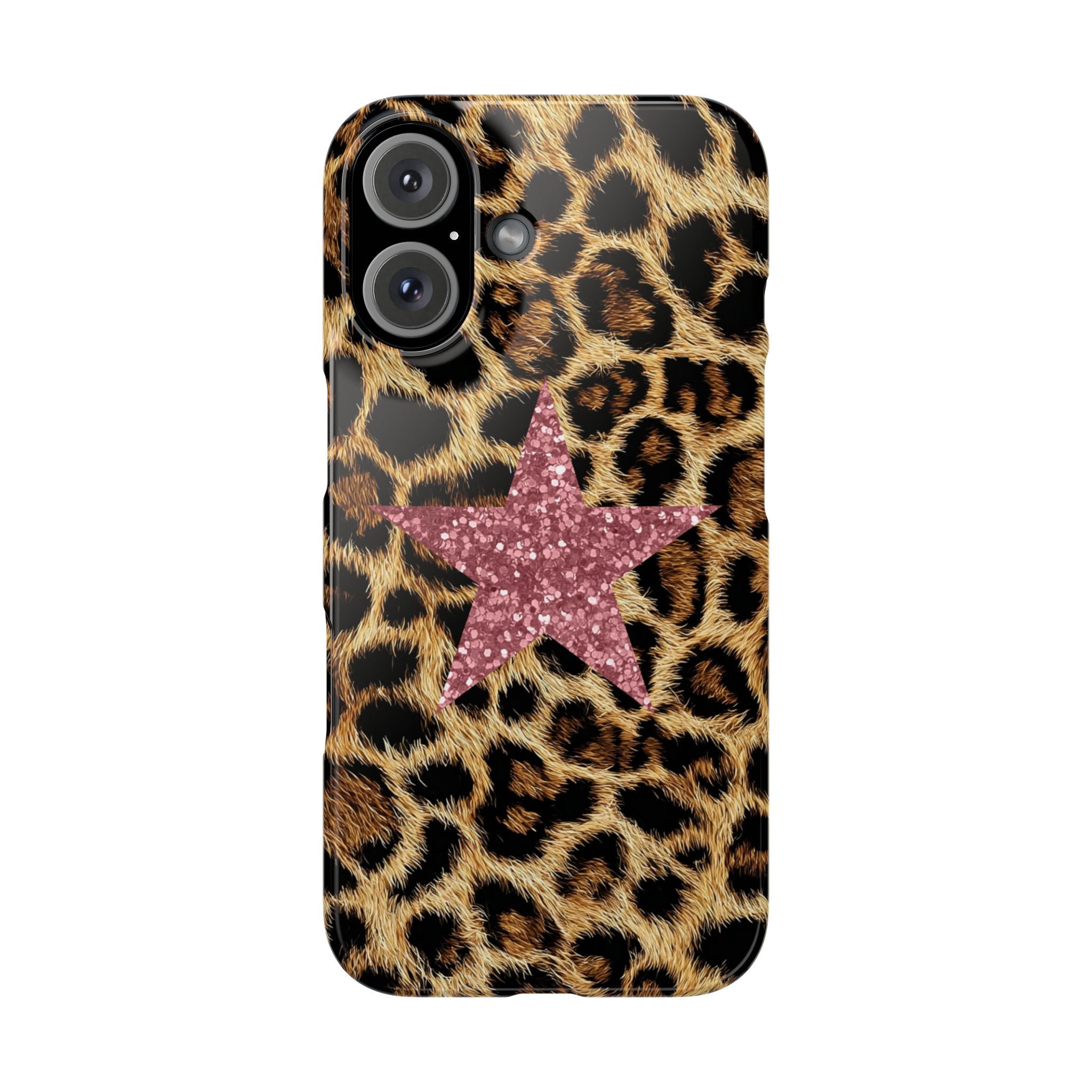 Leopard Print Slim Phone Case with Pink Glitter Star — Chic Animal Print Protective Cover