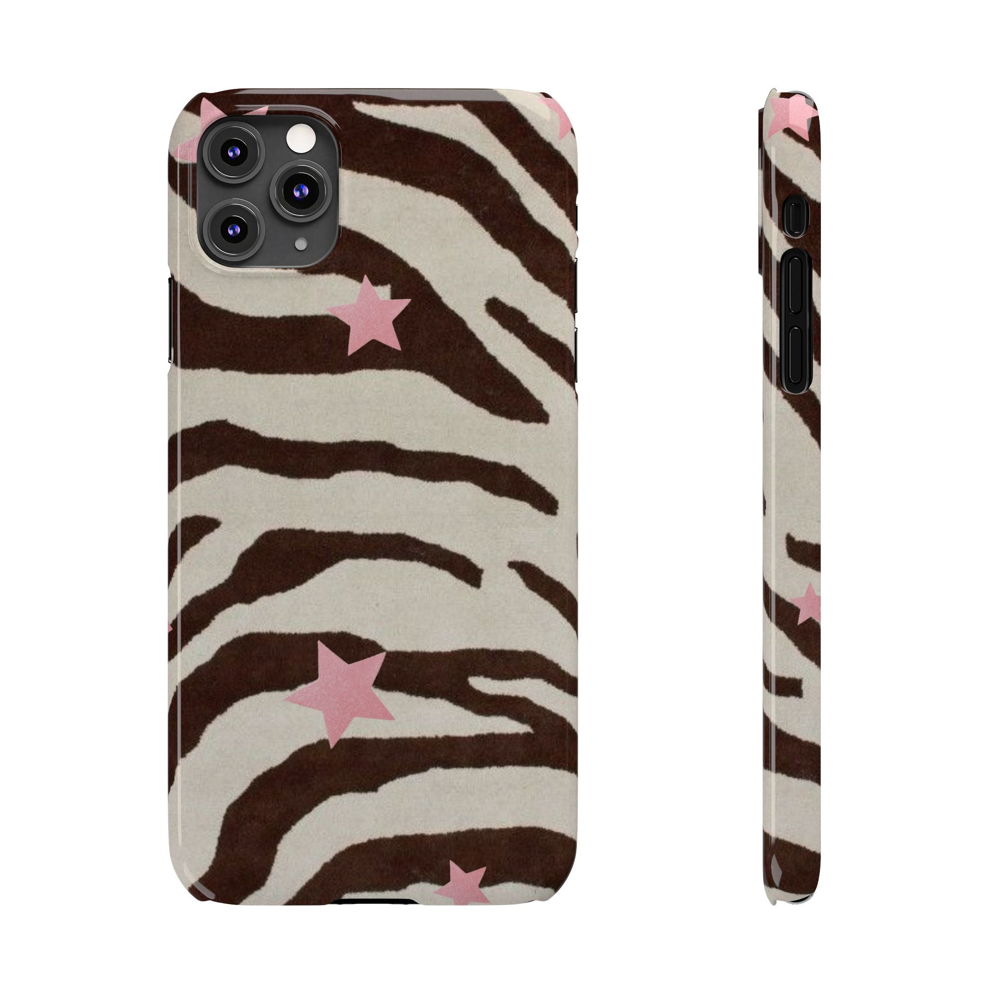 Zebra Stripe Slim Phone Case with Pink Stars – Trendy Animal Print Protector