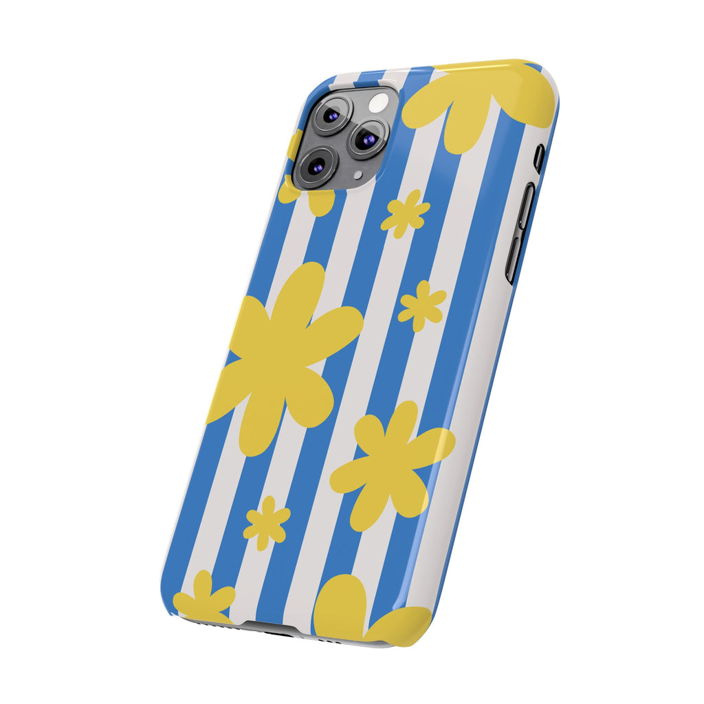 Retro Blue Stripes with Yellow Flower Pattern