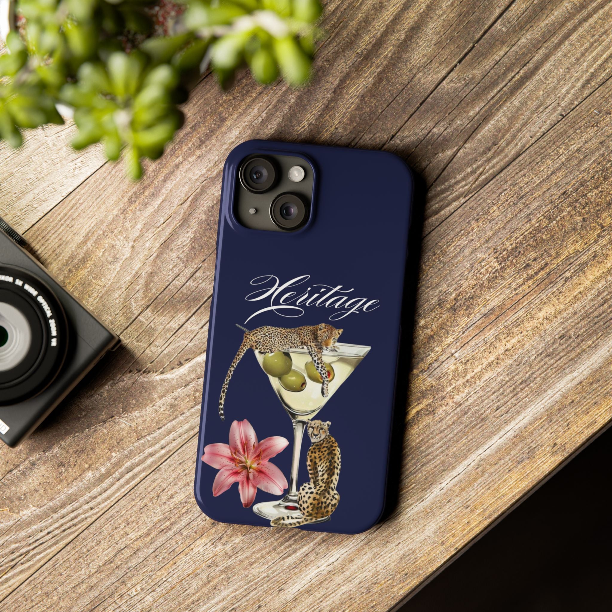 Heritage Cheetah Martini Slim Phone Case — Floral Cocktail Design