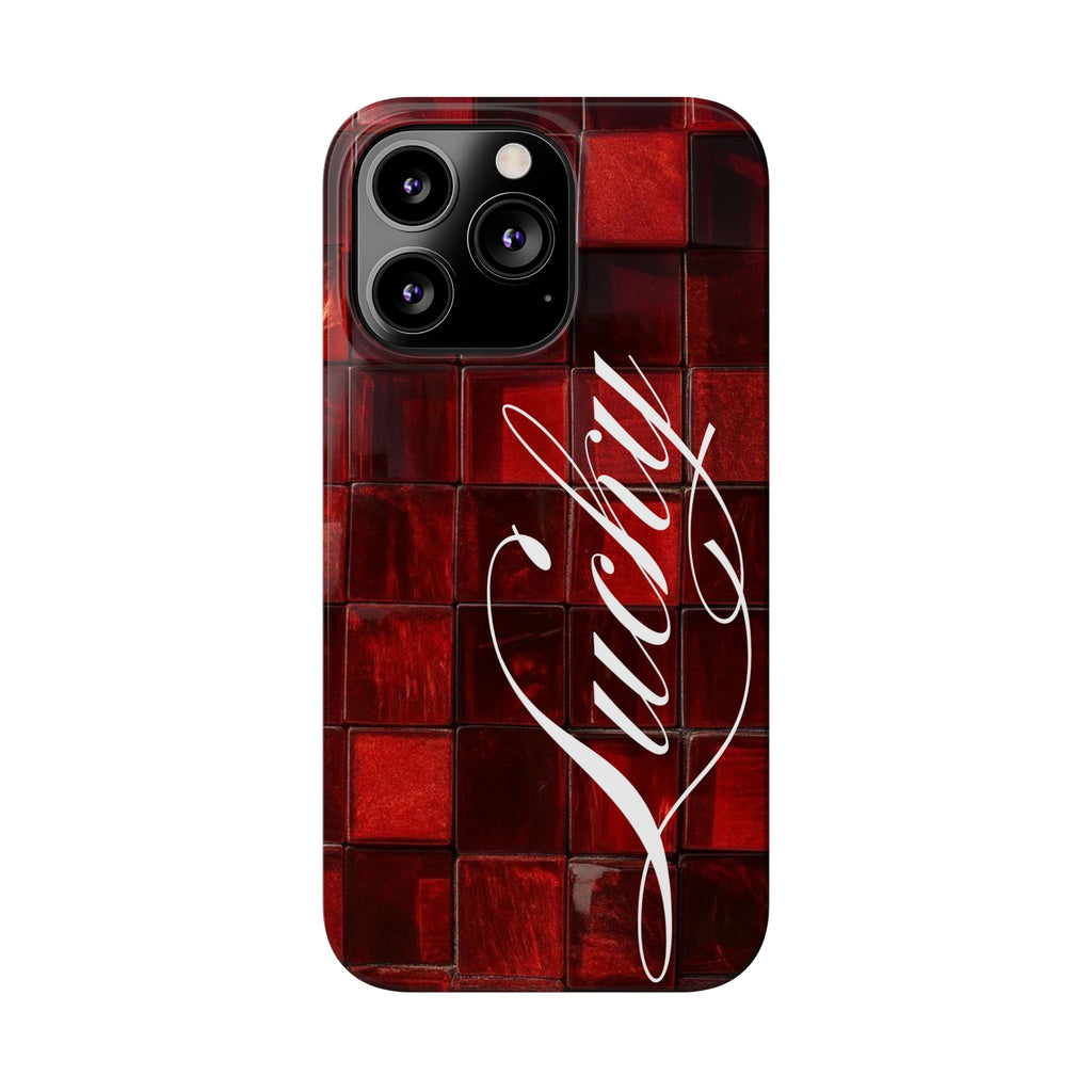 Red Mosaic 'Lucky' Slim Phone Case — Stylish Script Protective Cover
