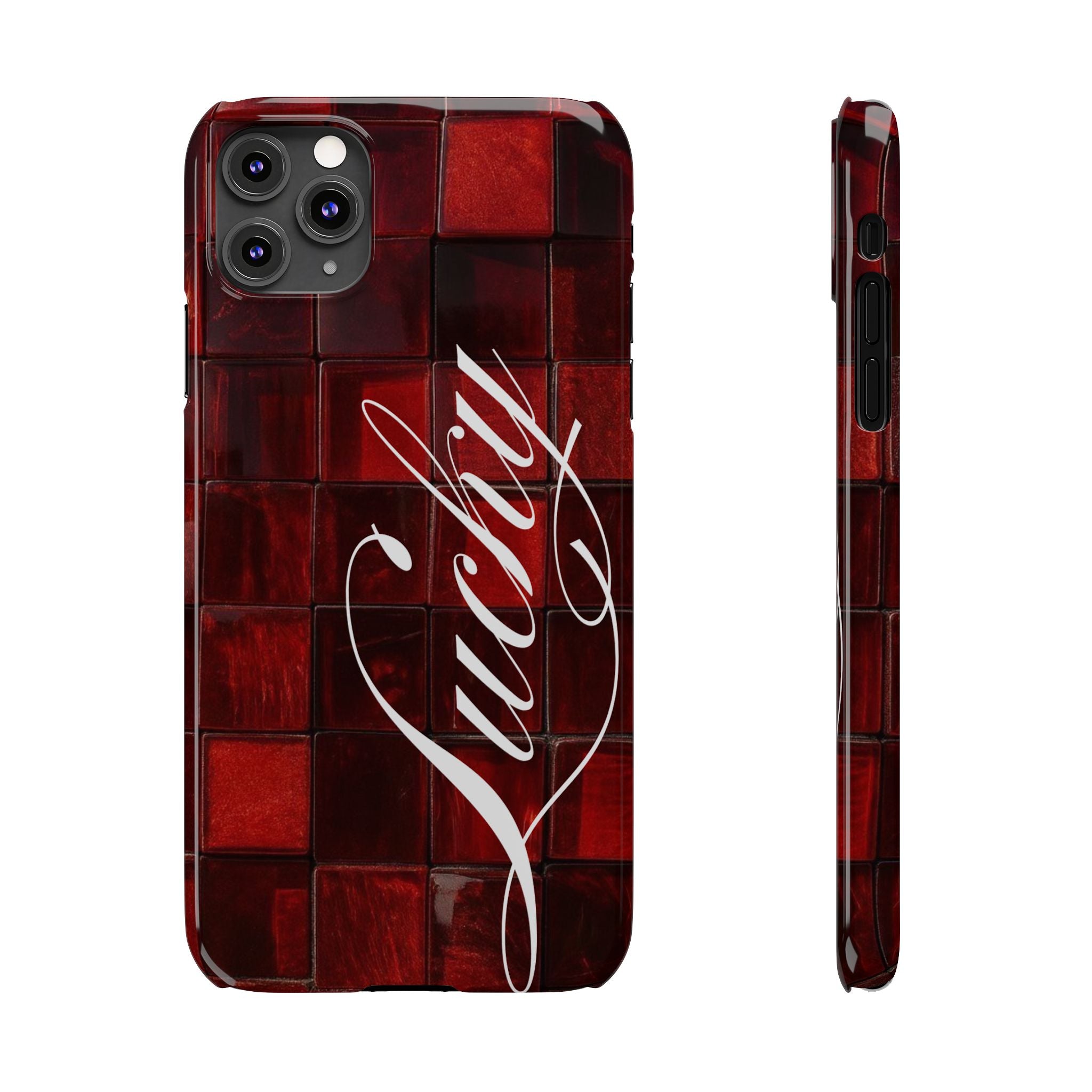 Red Mosaic 'Lucky' Slim Phone Case — Stylish Script Protective Cover