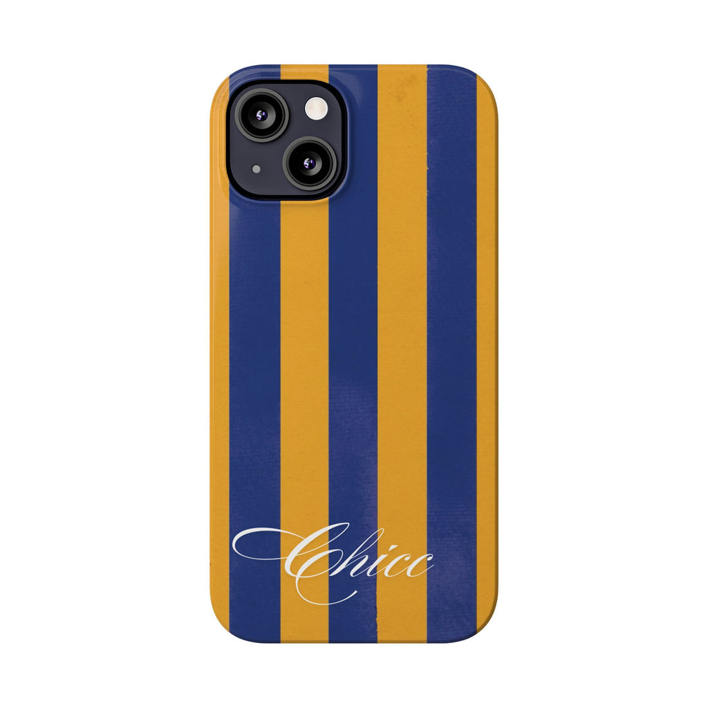 Striped Navy & Gold Slim Phone Case — "Chicc" Script Accent