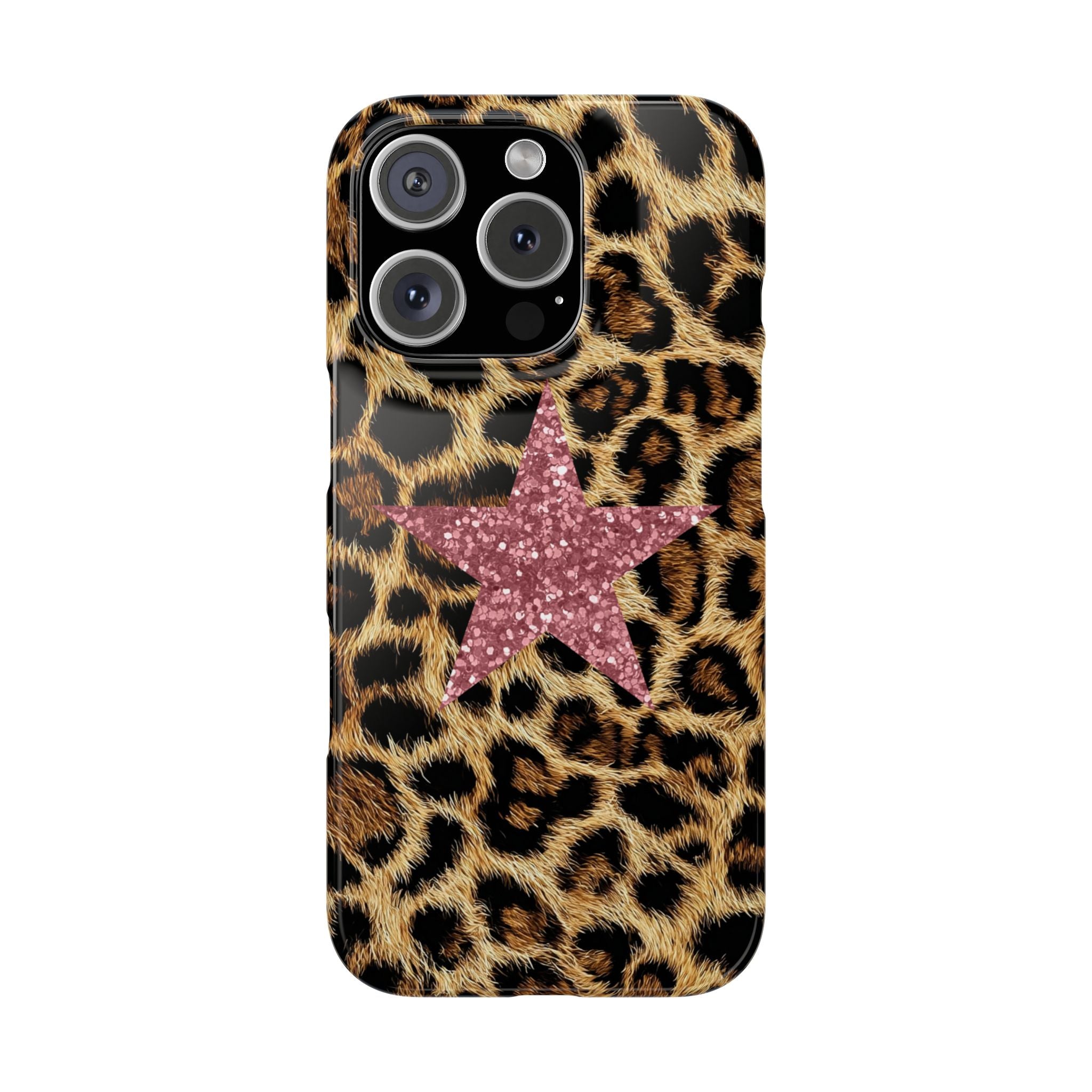 Leopard Print Slim Phone Case with Pink Glitter Star — Chic Animal Print Protective Cover
