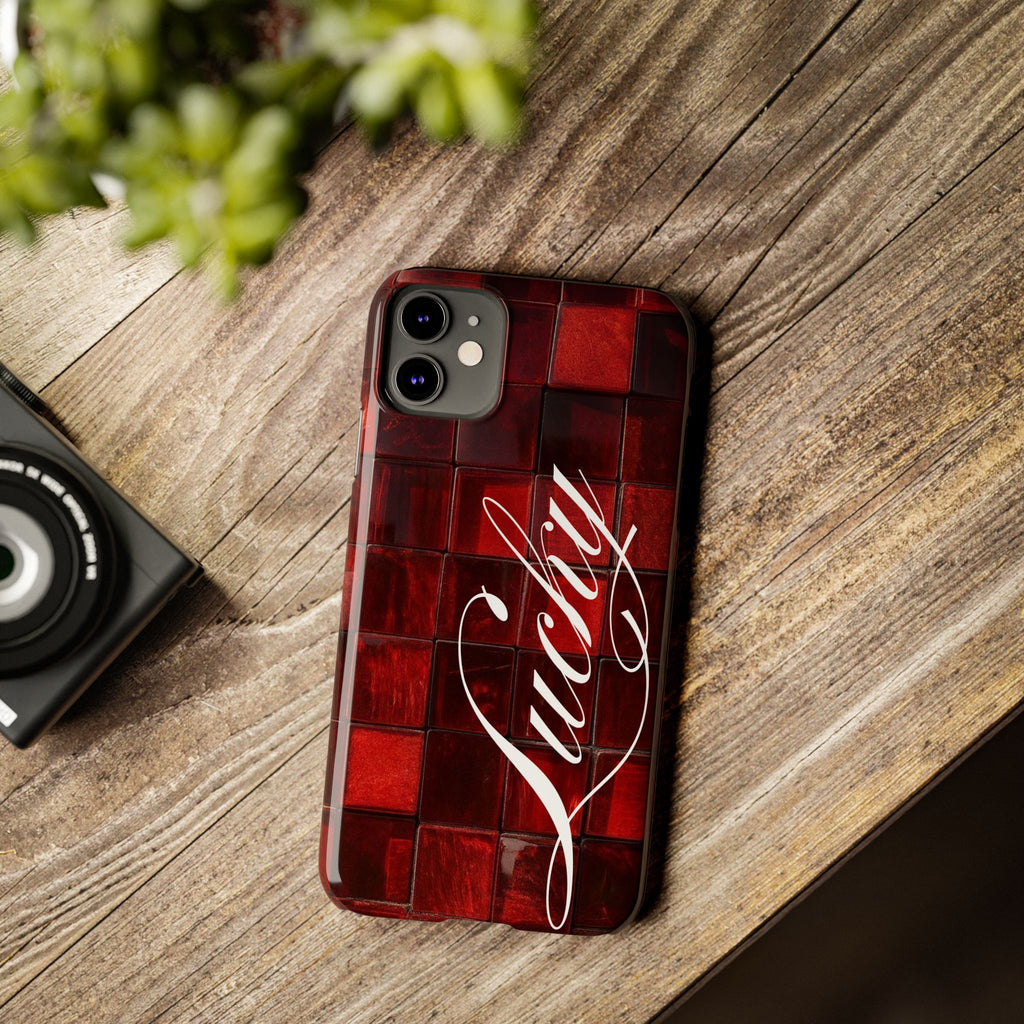 Red Mosaic 'Lucky' Slim Phone Case — Stylish Script Protective Cover