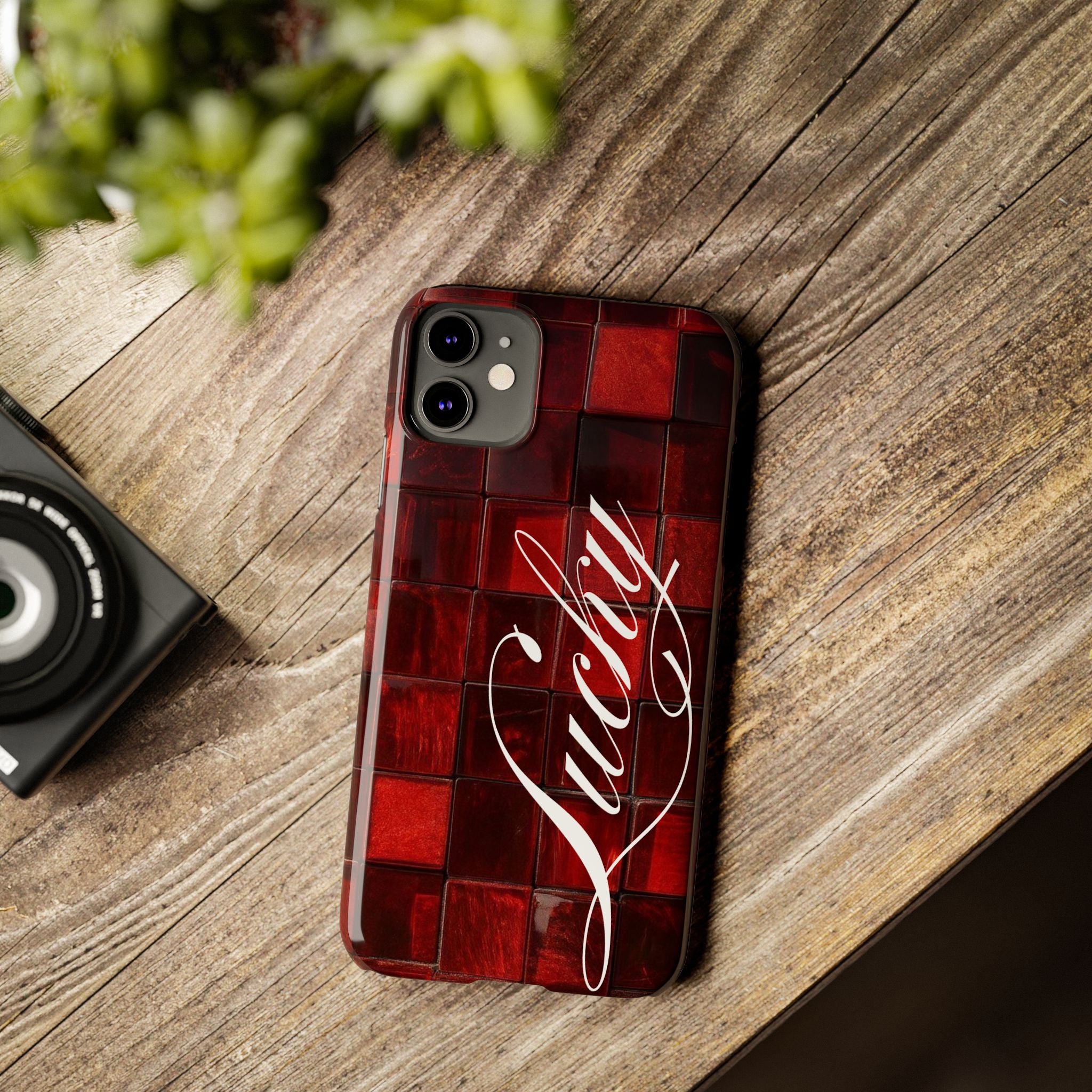 Red Mosaic 'Lucky' Slim Phone Case — Stylish Script Protective Cover