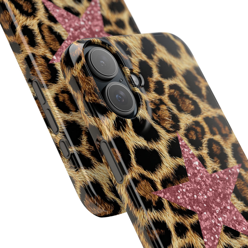 Leopard Print Slim Phone Case with Pink Glitter Star — Chic Animal Print Protective Cover