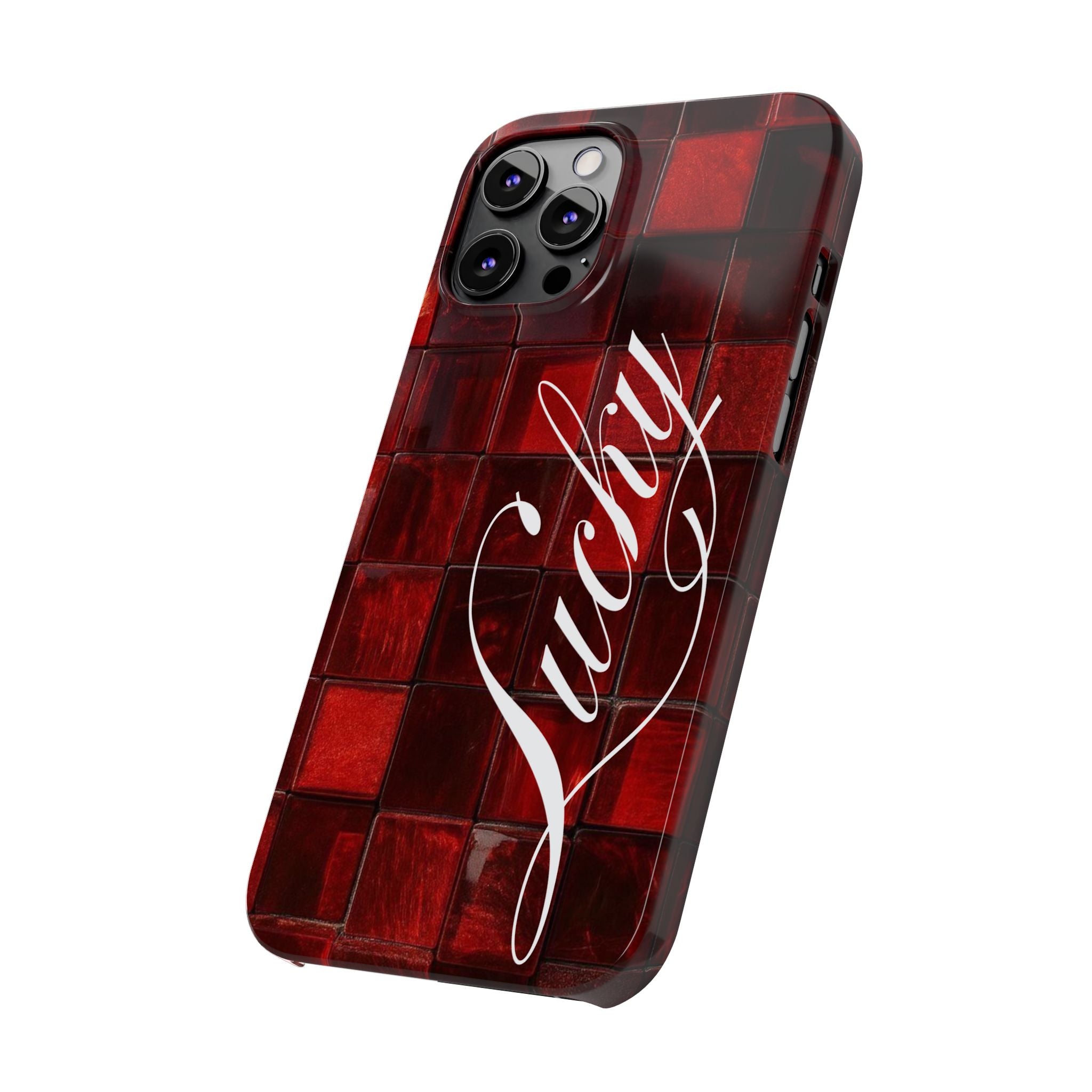 Red Mosaic 'Lucky' Slim Phone Case — Stylish Script Protective Cover