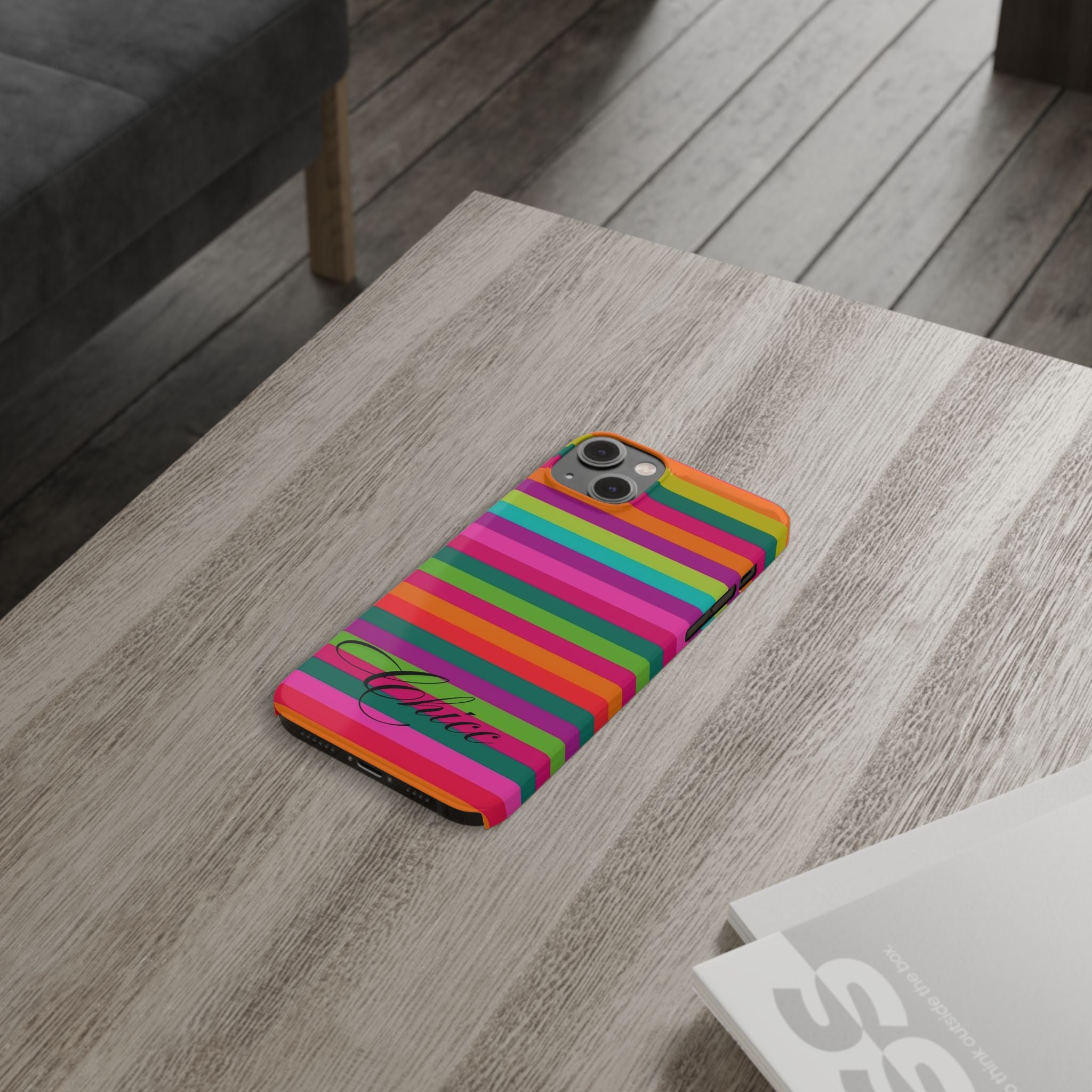 Chic Stripes Slim Phone Case — Colorful Rainbow Stripe Monogram Phone Cover