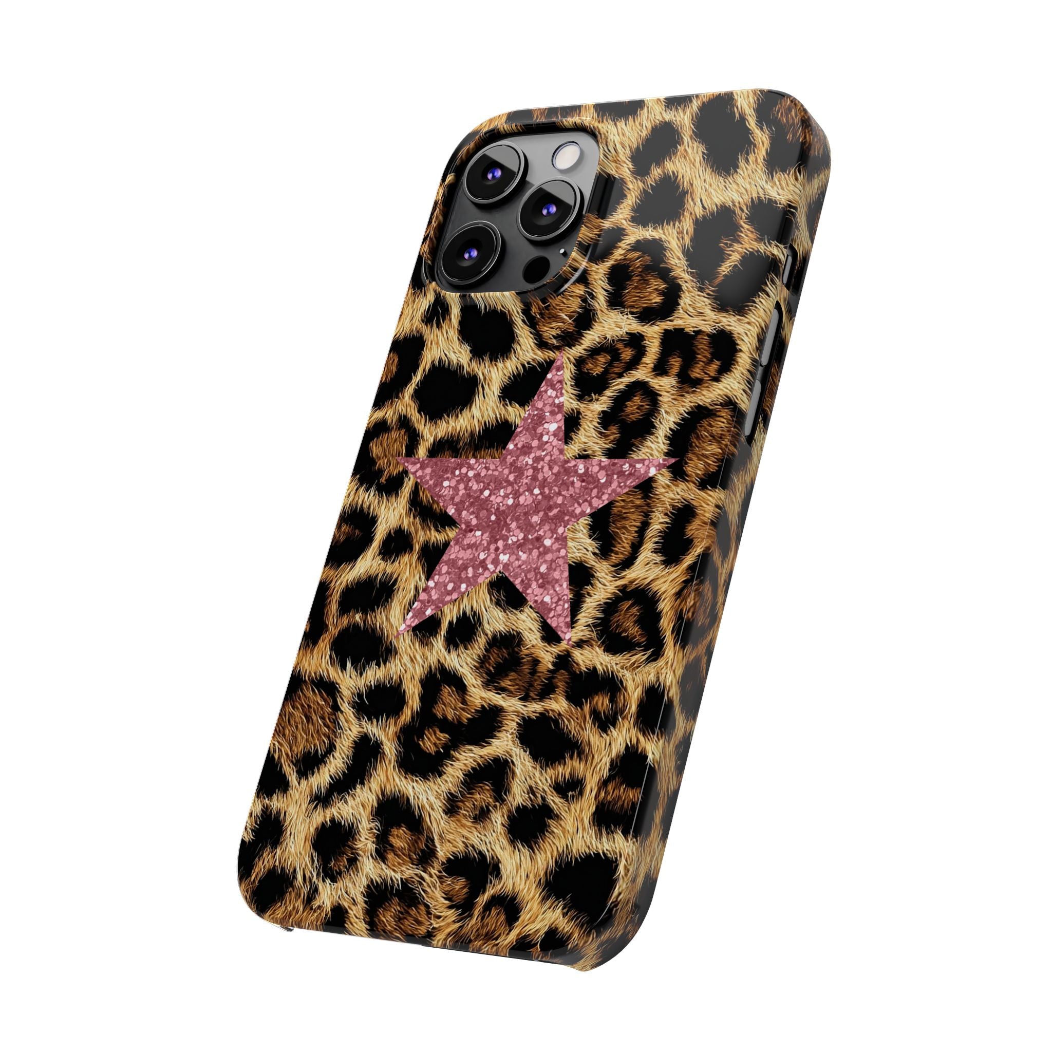 Leopard Print Slim Phone Case with Pink Glitter Star — Chic Animal Print Protective Cover