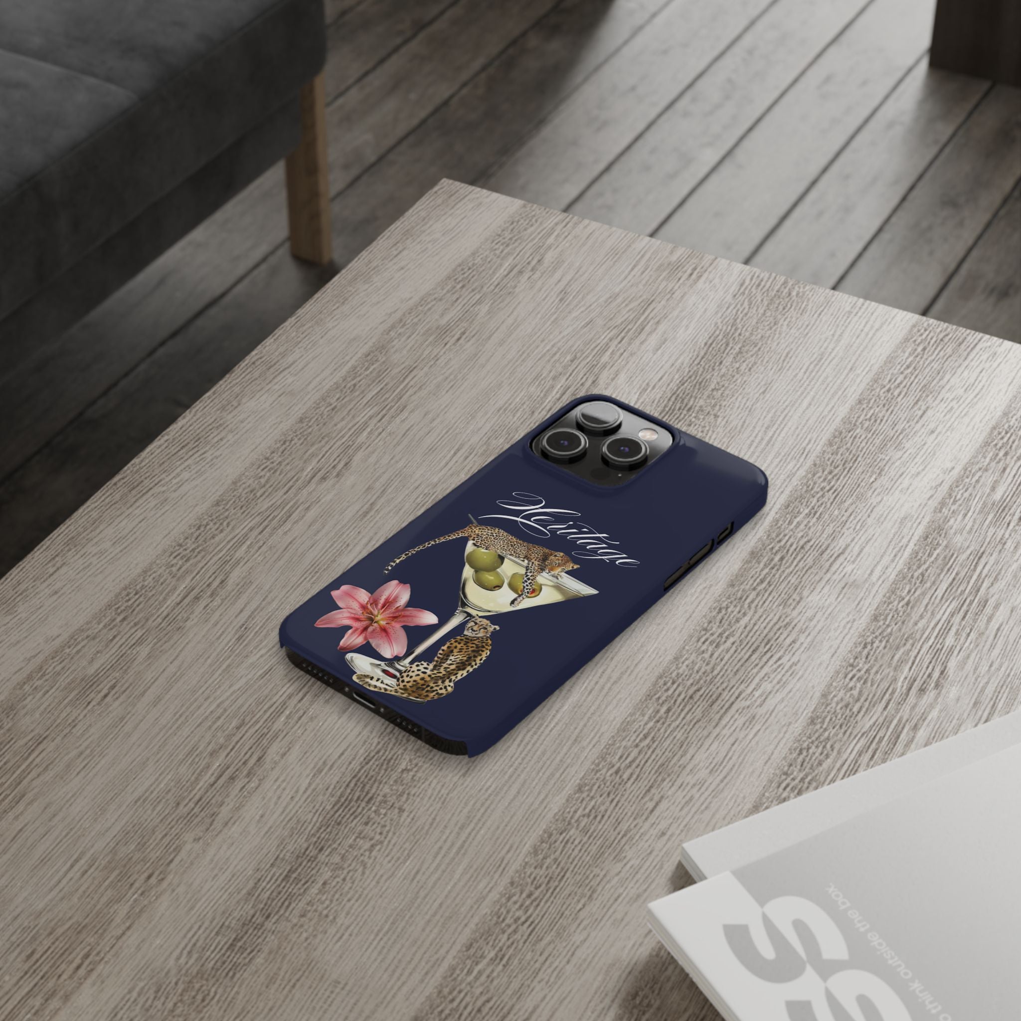 Heritage Cheetah Martini Slim Phone Case — Floral Cocktail Design