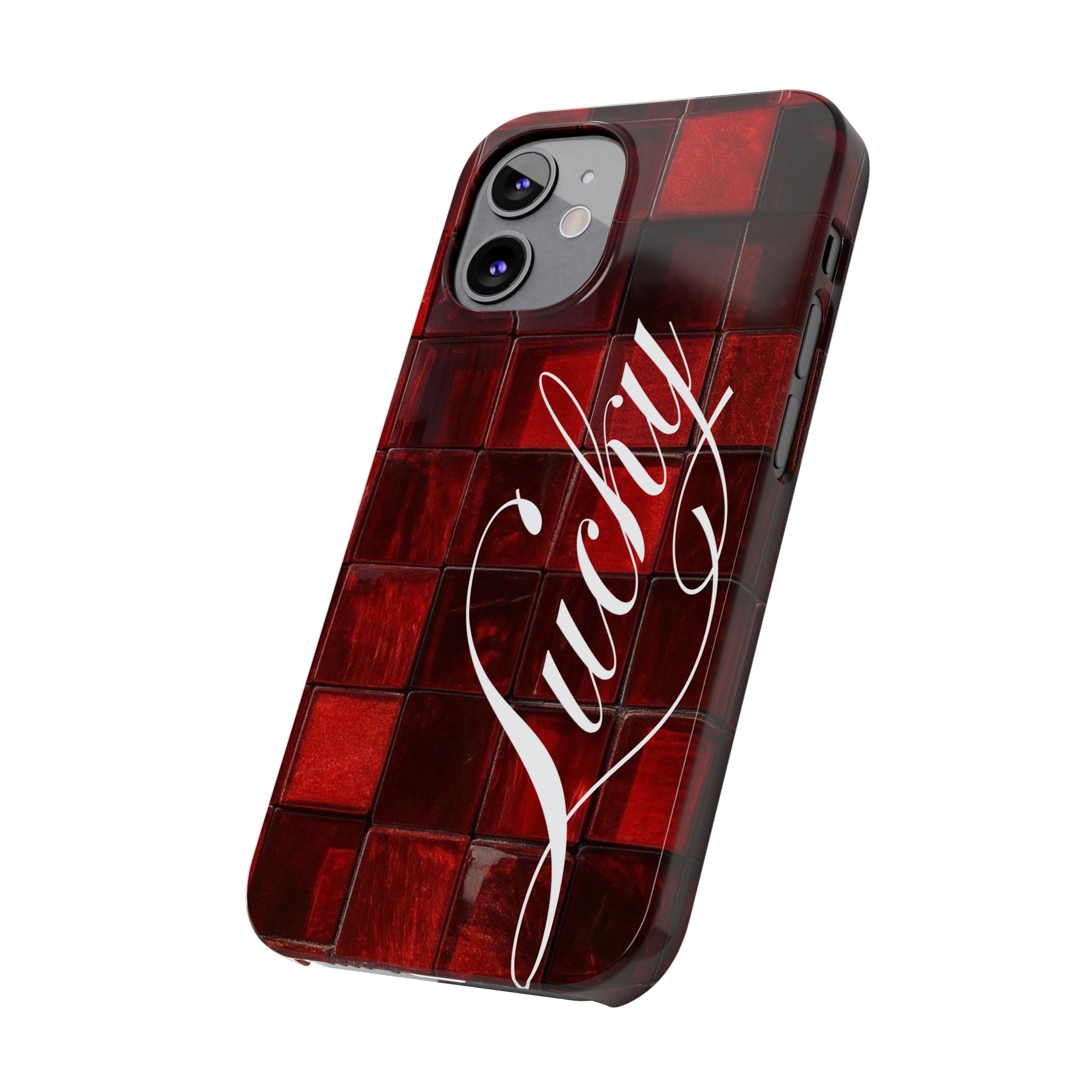 Red Mosaic 'Lucky' Slim Phone Case — Stylish Script Protective Cover