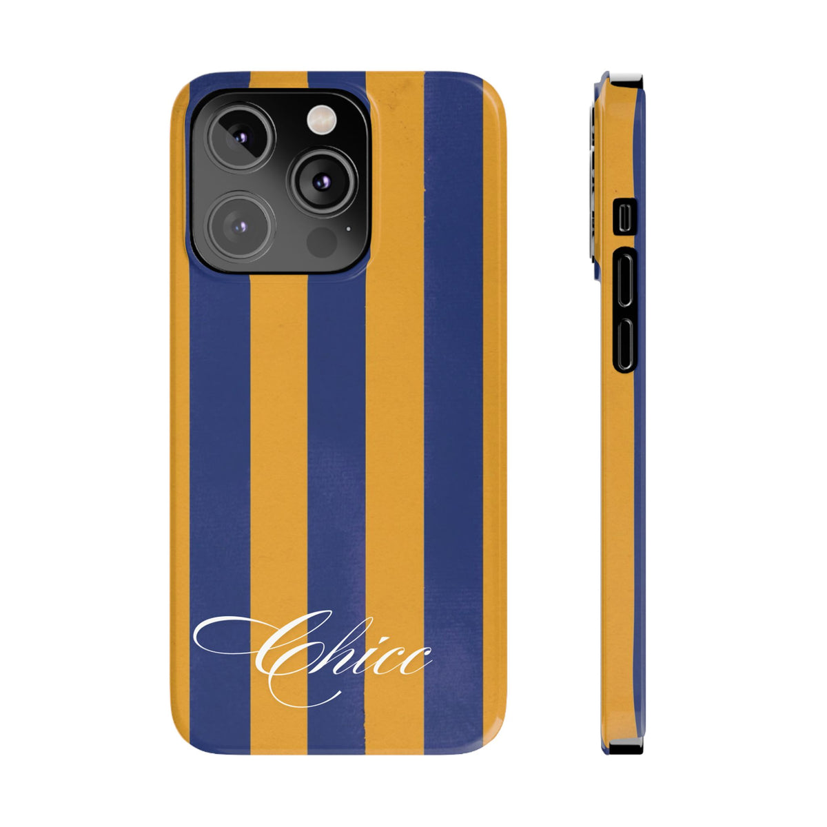 Striped Navy & Gold Slim Phone Case — "Chicc" Script Accent