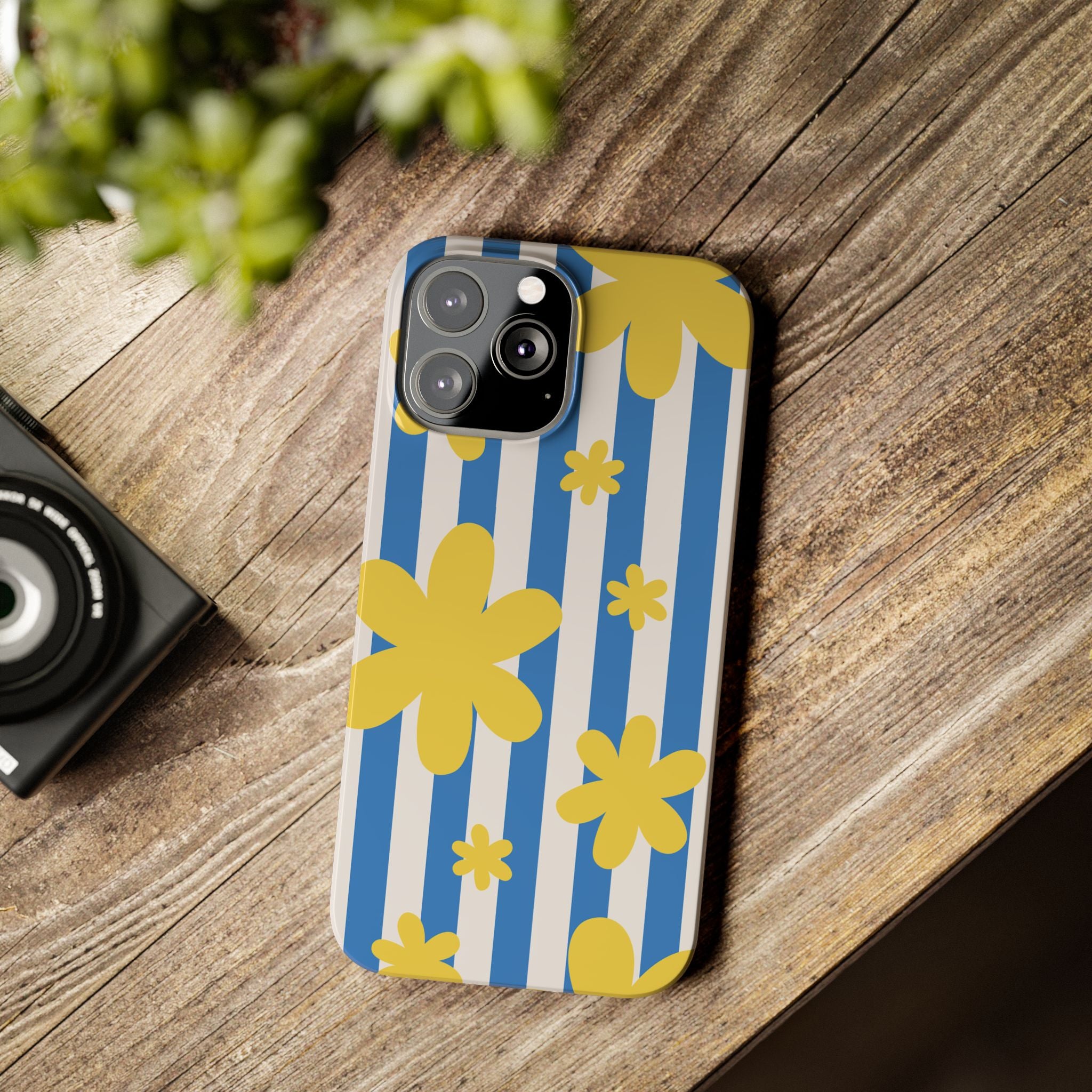 Retro Blue Stripes with Yellow Flower Pattern