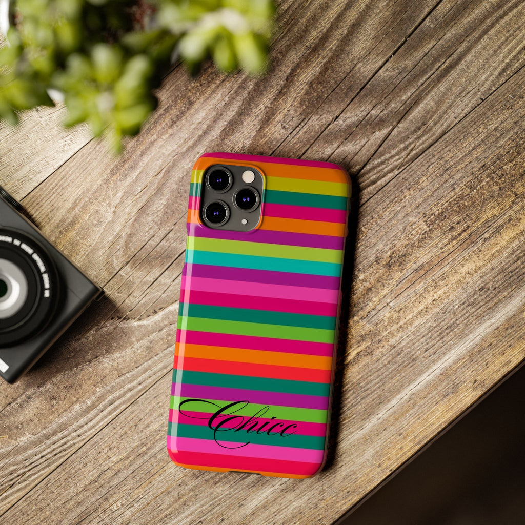 Chic Stripes Slim Phone Case — Colorful Rainbow Stripe Monogram Phone Cover