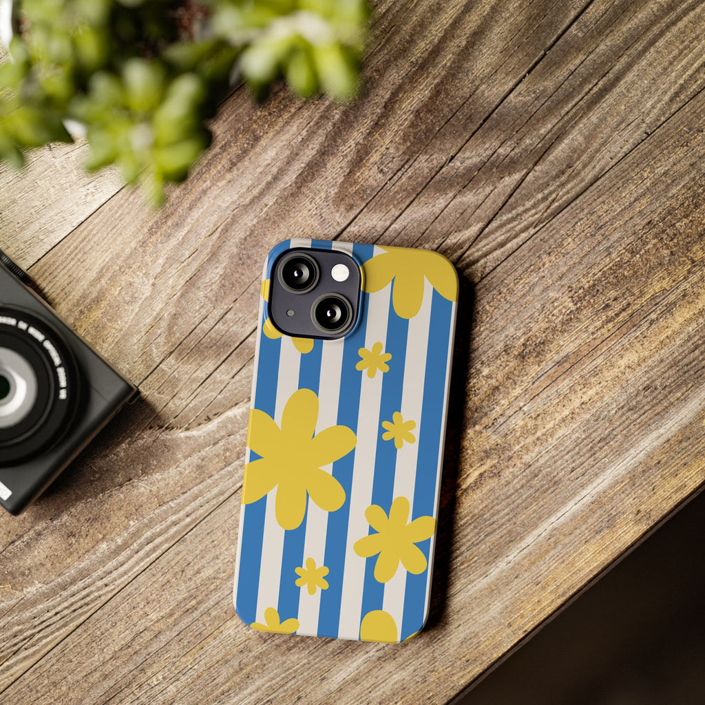 Retro Blue Stripes with Yellow Flower Pattern