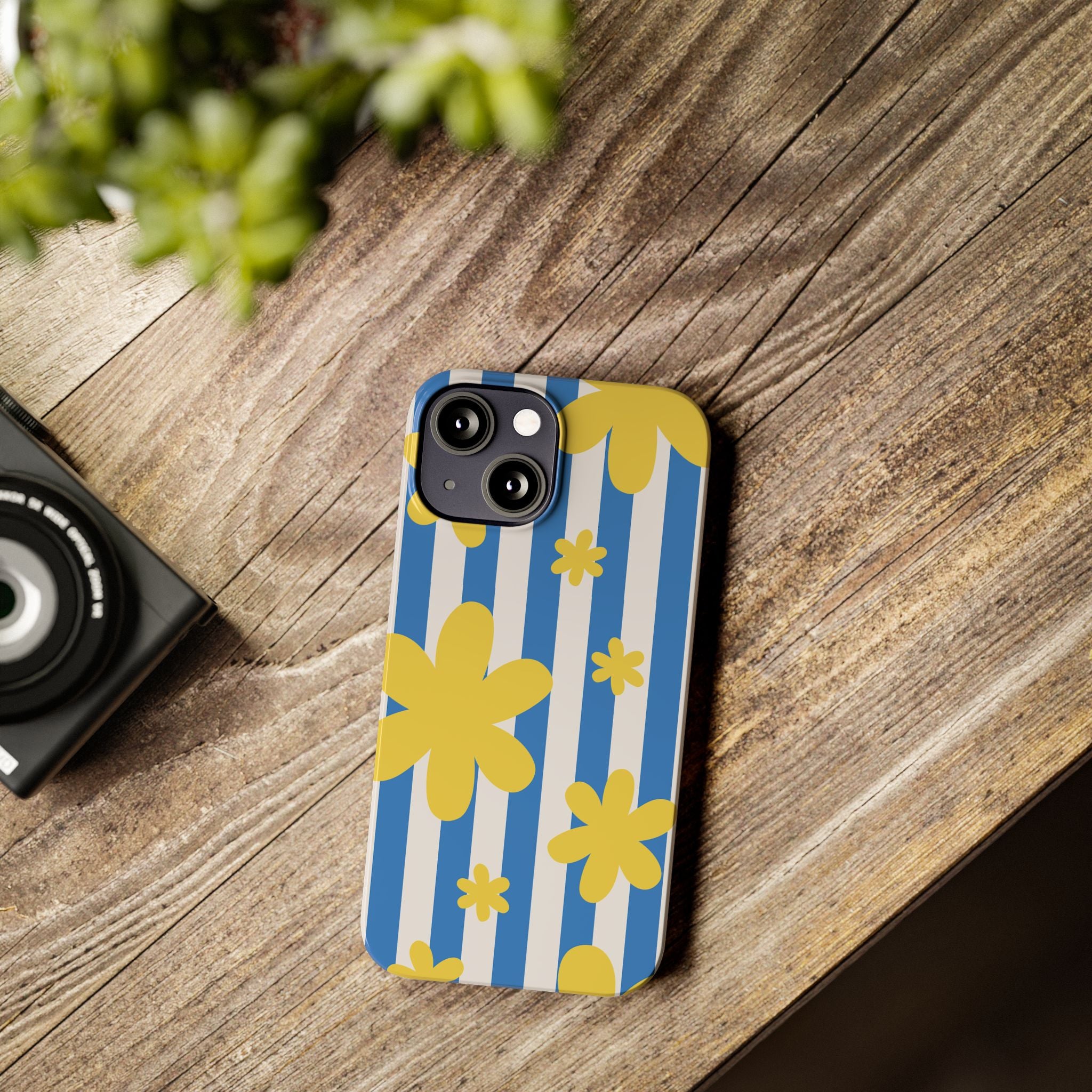 Retro Blue Stripes with Yellow Flower Pattern