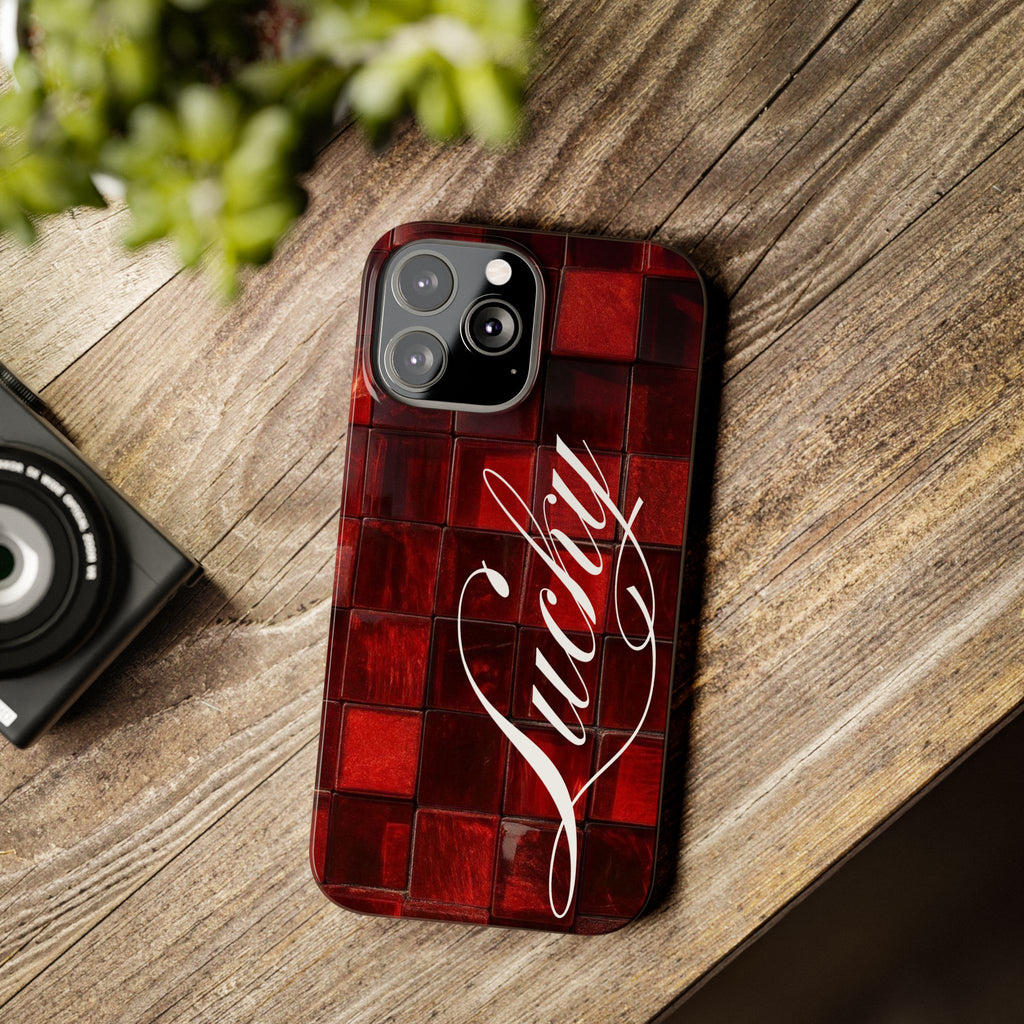 Red Mosaic 'Lucky' Slim Phone Case — Stylish Script Protective Cover