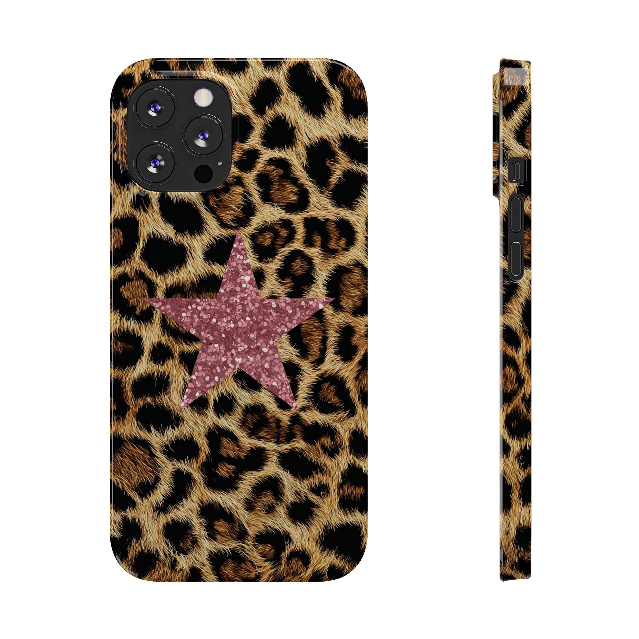 Leopard Print Slim Phone Case with Pink Glitter Star — Chic Animal Print Protective Cover