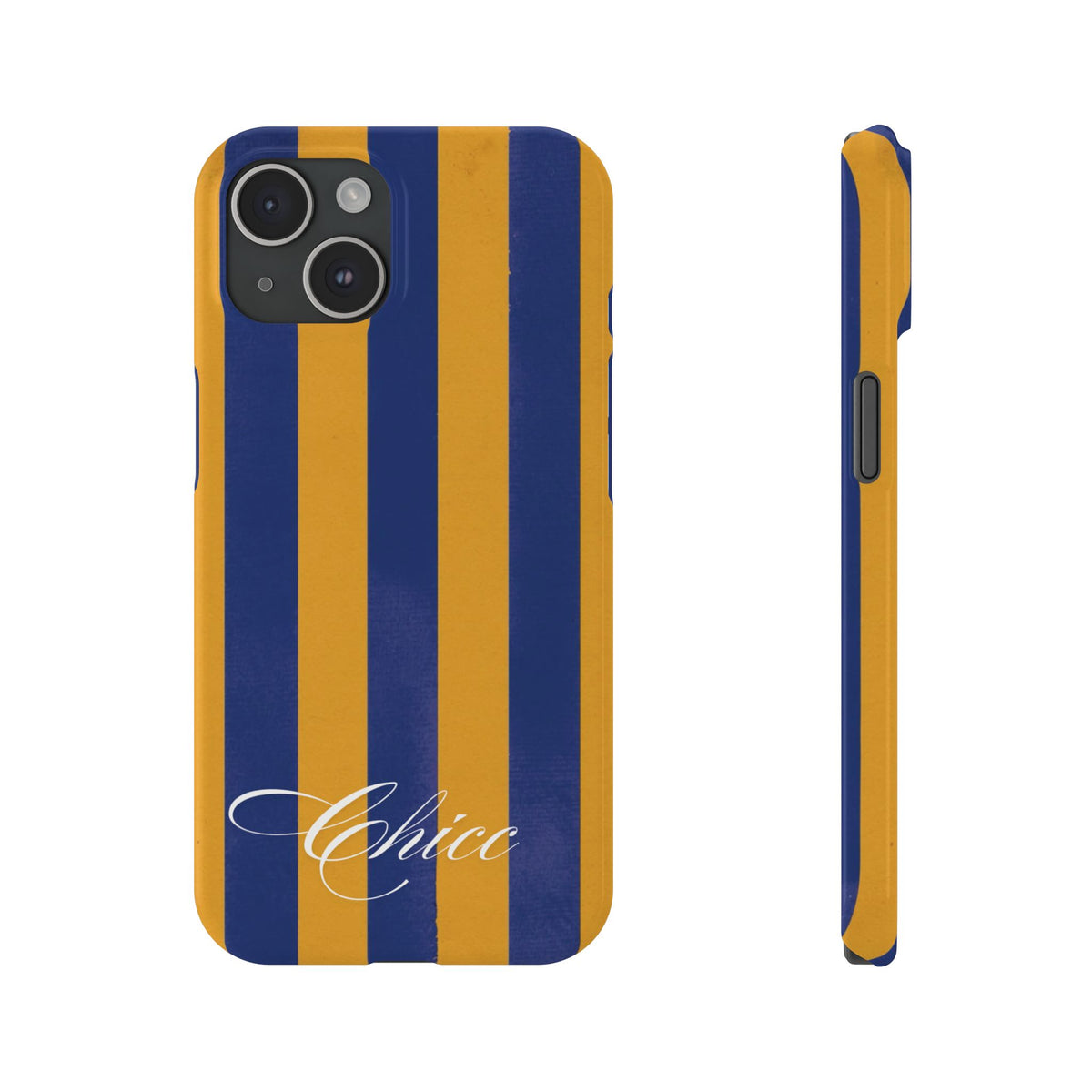Striped Navy & Gold Slim Phone Case — "Chicc" Script Accent