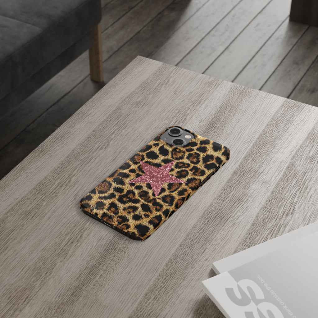 Leopard Print Slim Phone Case with Pink Glitter Star — Chic Animal Print Protective Cover