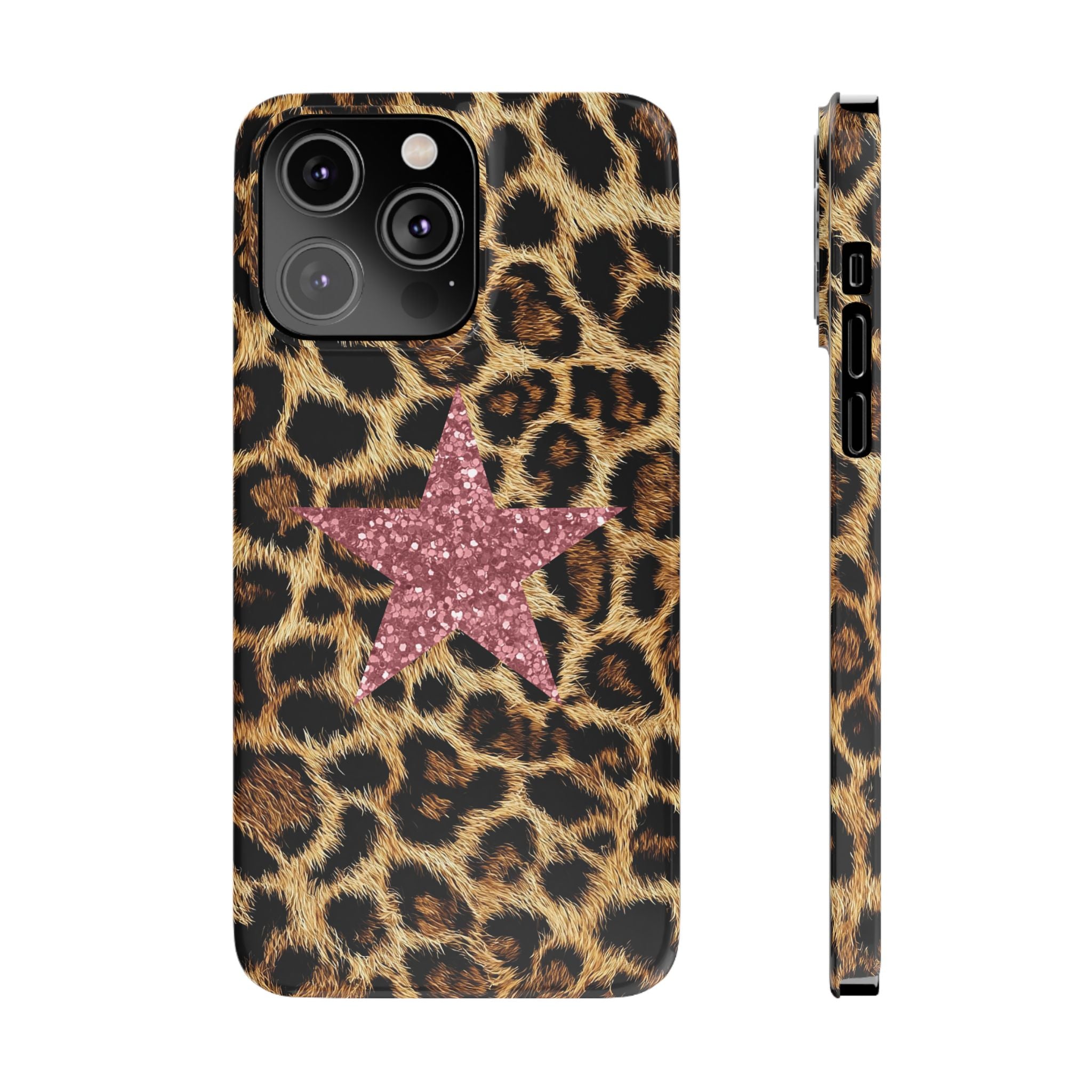 Leopard Print Slim Phone Case with Pink Glitter Star — Chic Animal Print Protective Cover