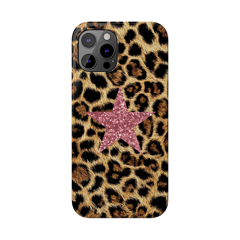 Leopard Print Slim Phone Case with Pink Glitter Star — Chic Animal Print Protective Cover