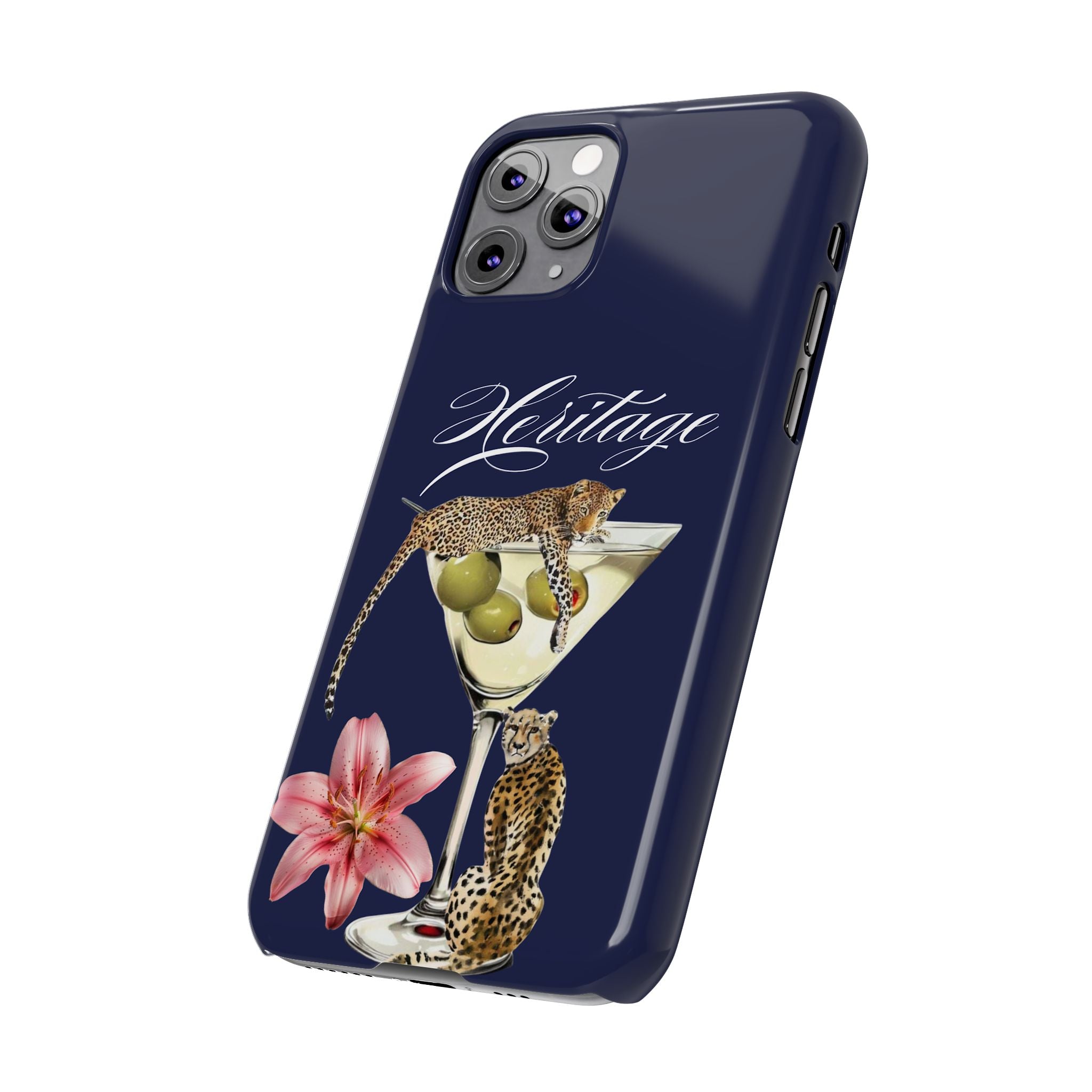 Heritage Cheetah Martini Slim Phone Case — Floral Cocktail Design