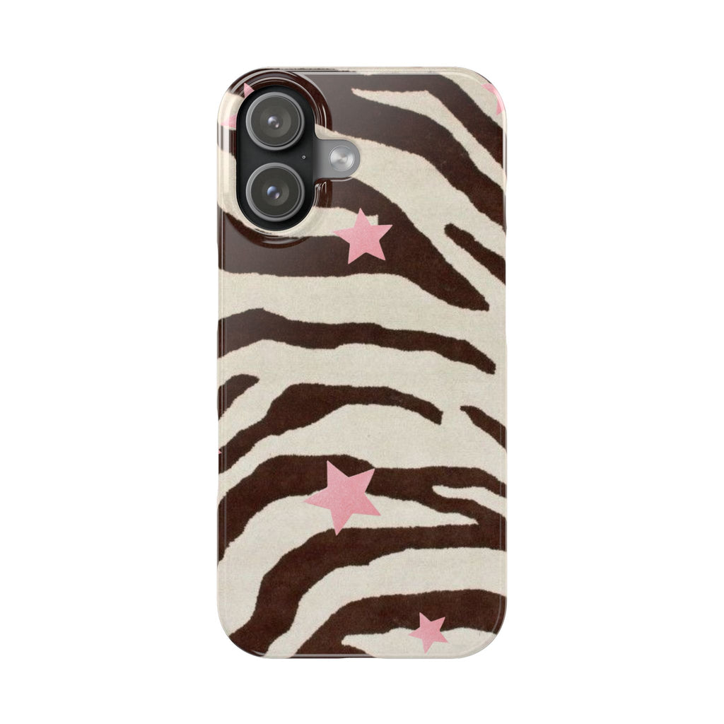 Zebra Stripe Slim Phone Case with Pink Stars – Trendy Animal Print Protector