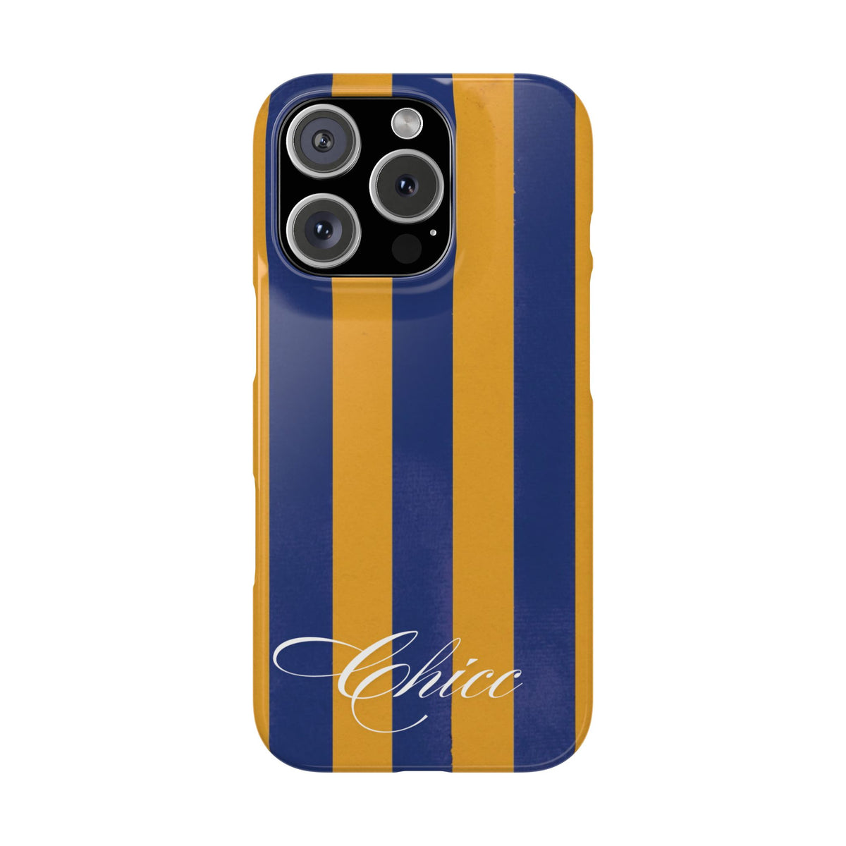 Striped Navy & Gold Slim Phone Case — "Chicc" Script Accent