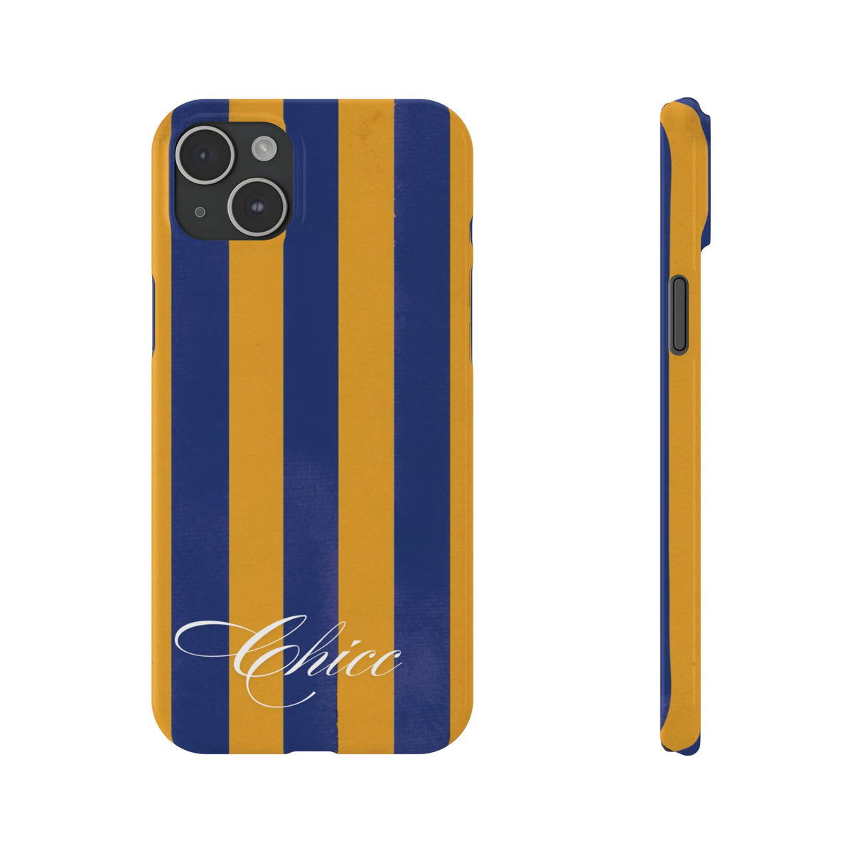 Striped Navy & Gold Slim Phone Case — "Chicc" Script Accent