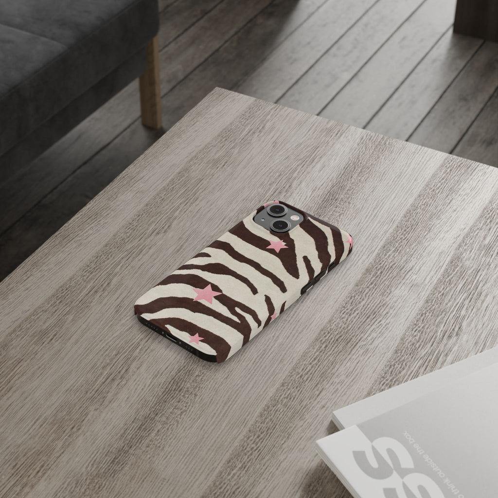 Zebra Stripe Slim Phone Case with Pink Stars – Trendy Animal Print Protector