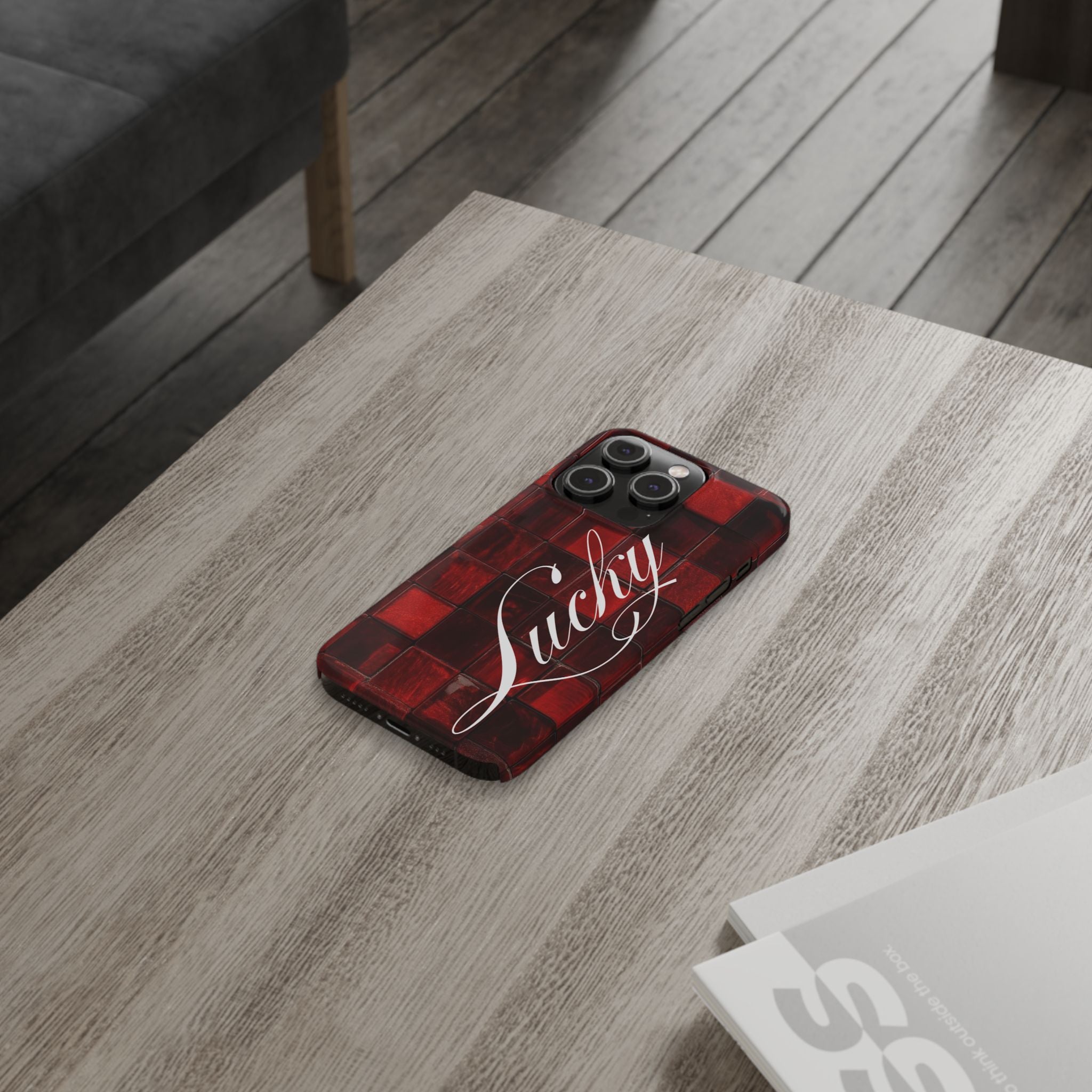 Red Mosaic 'Lucky' Slim Phone Case — Stylish Script Protective Cover