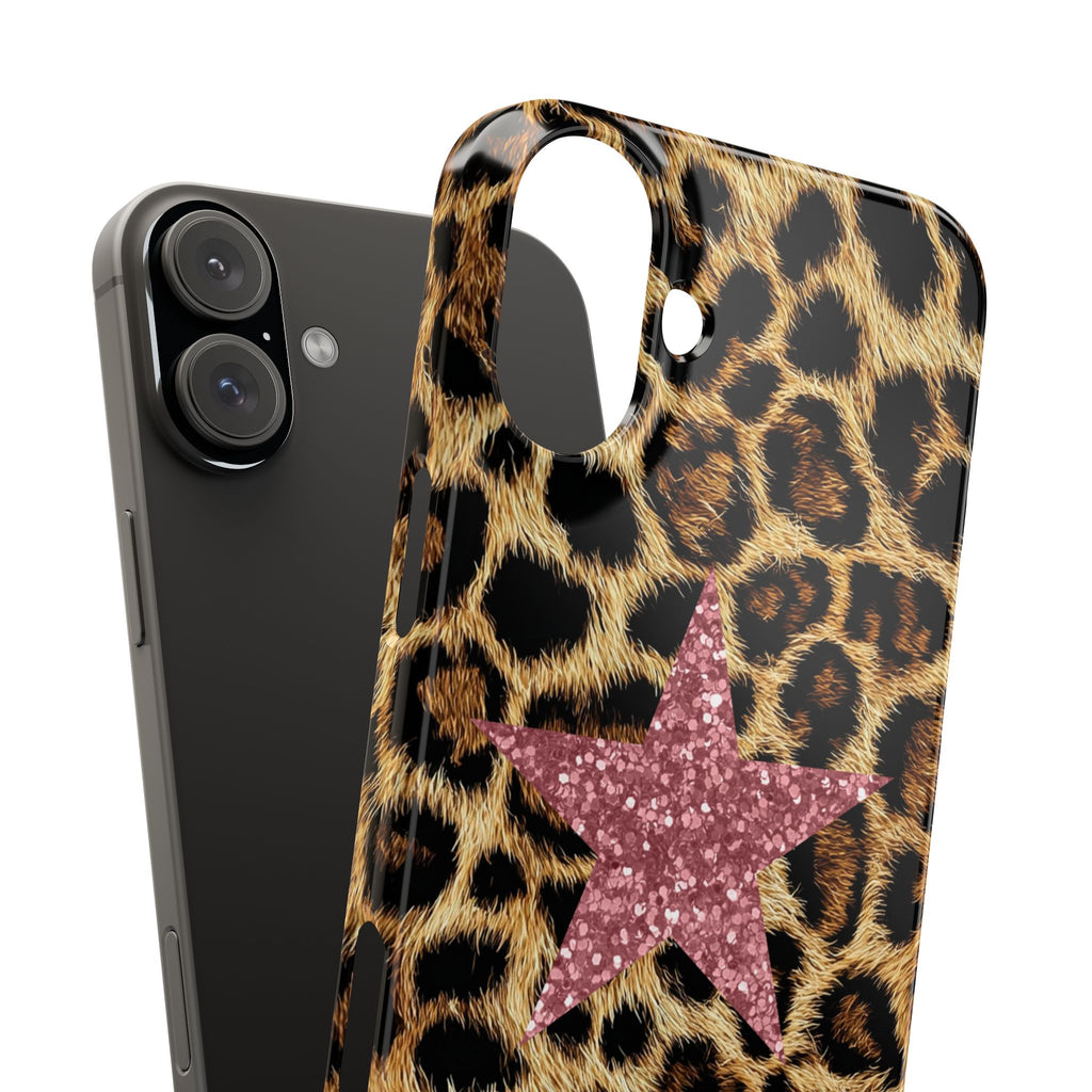 Leopard Print Slim Phone Case with Pink Glitter Star — Chic Animal Print Protective Cover