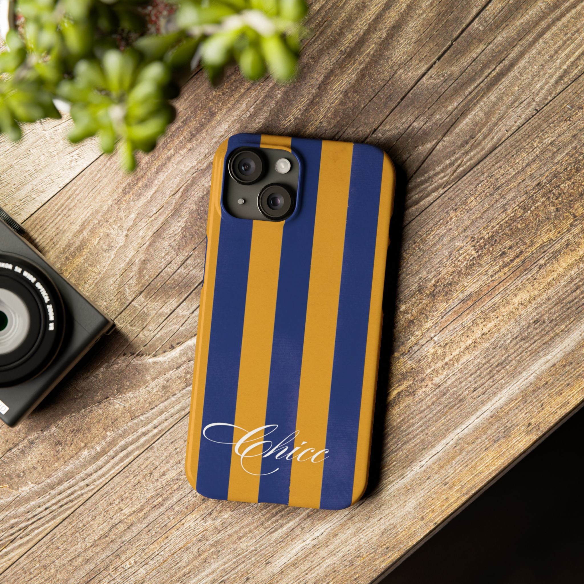 Striped Navy & Gold Slim Phone Case — "Chicc" Script Accent