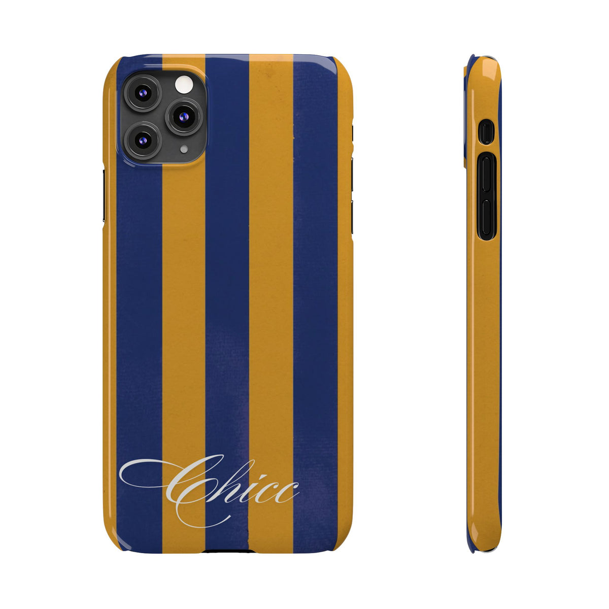 Striped Navy & Gold Slim Phone Case — "Chicc" Script Accent
