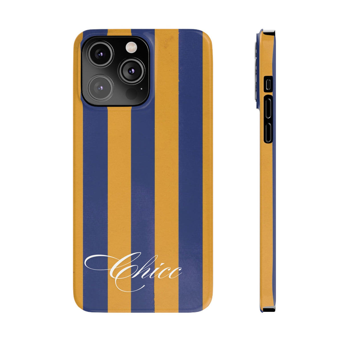 Striped Navy & Gold Slim Phone Case — "Chicc" Script Accent