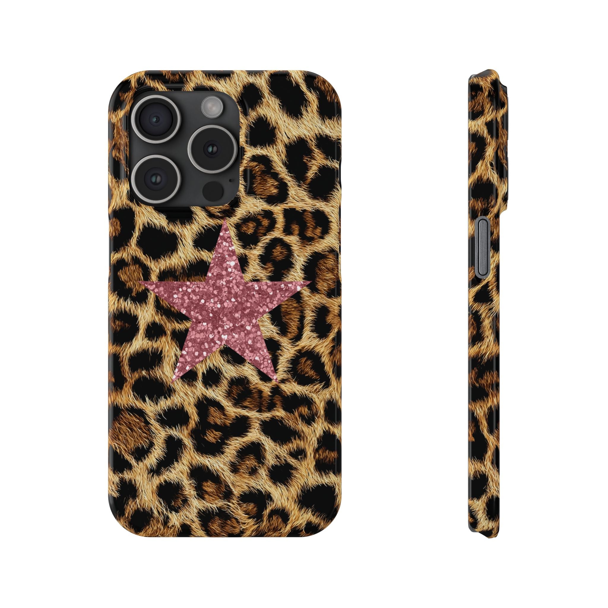 Leopard Print Slim Phone Case with Pink Glitter Star — Chic Animal Print Protective Cover