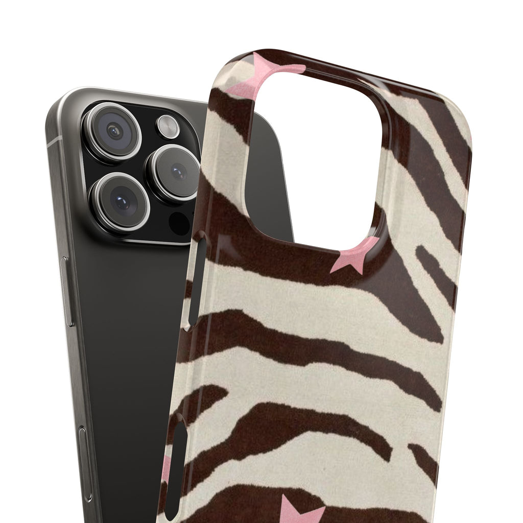 Zebra Stripe Slim Phone Case with Pink Stars – Trendy Animal Print Protector