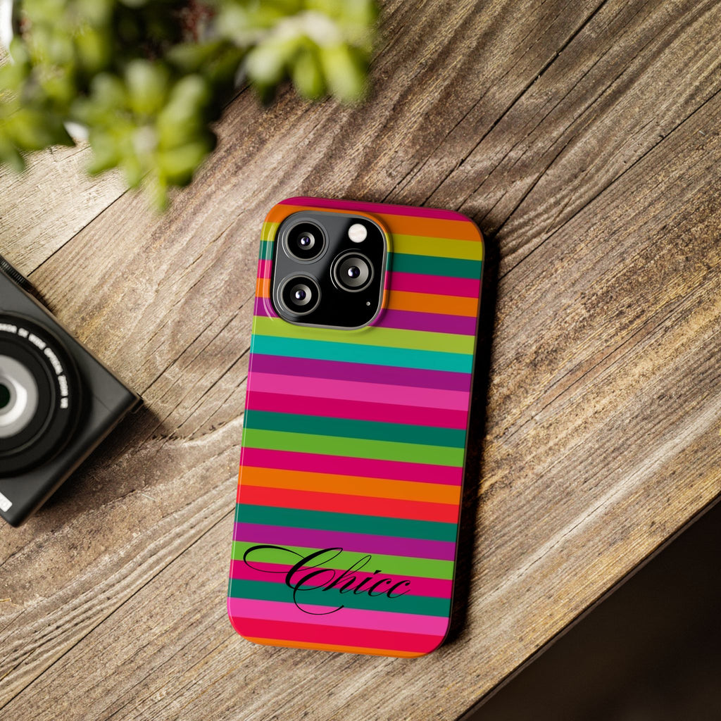 Chic Stripes Slim Phone Case — Colorful Rainbow Stripe Monogram Phone Cover