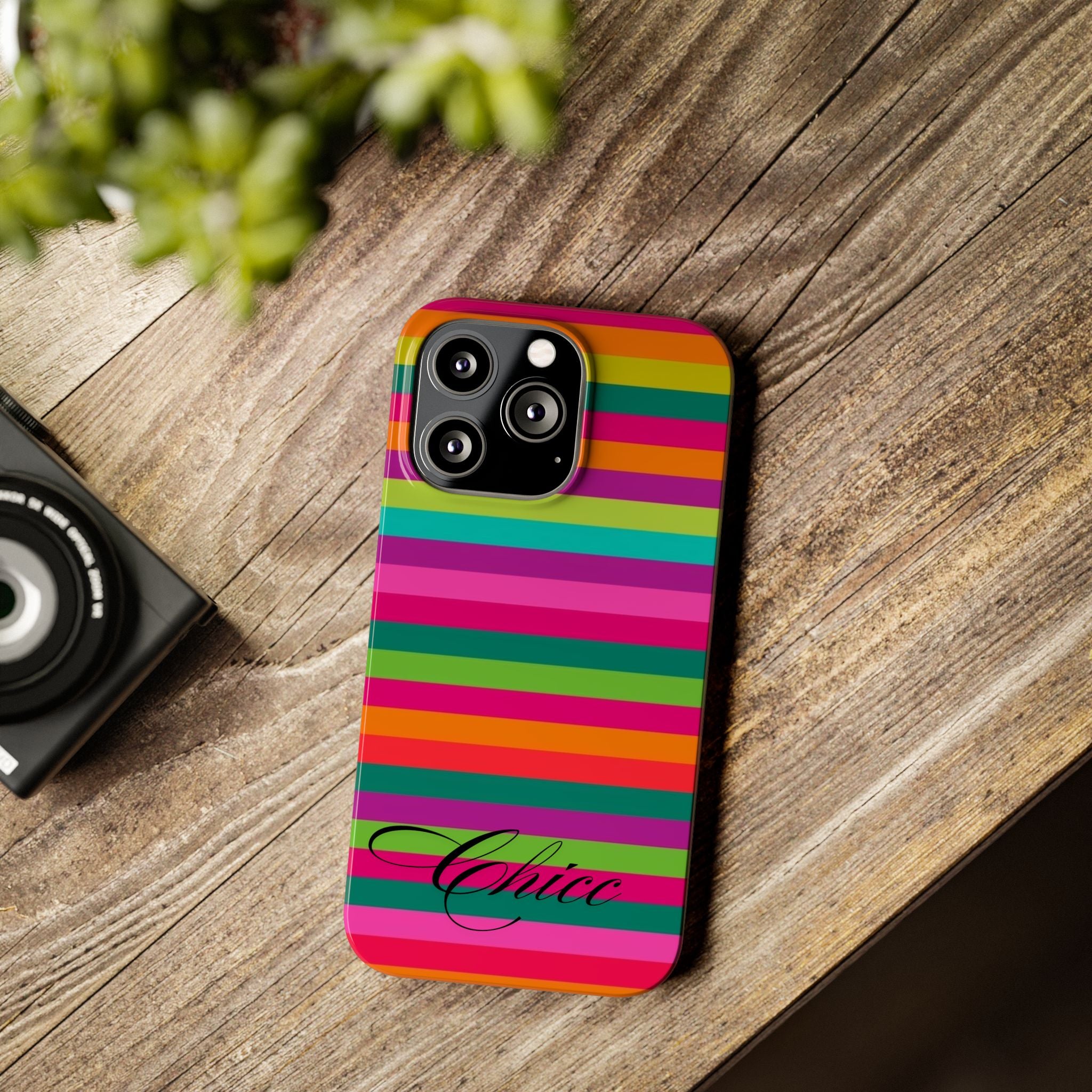 Chic Stripes Slim Phone Case — Colorful Rainbow Stripe Monogram Phone Cover