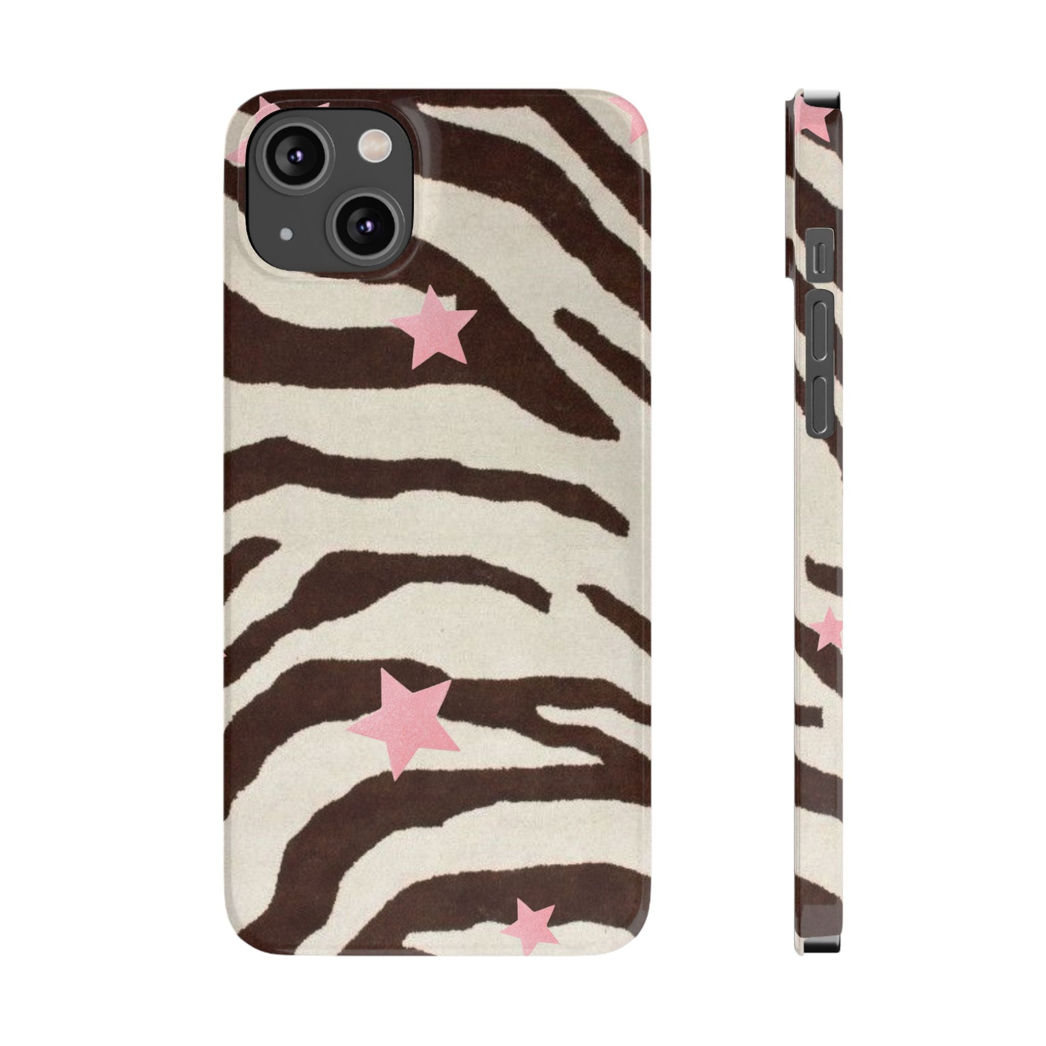 Zebra Stripe Slim Phone Case with Pink Stars – Trendy Animal Print Protector